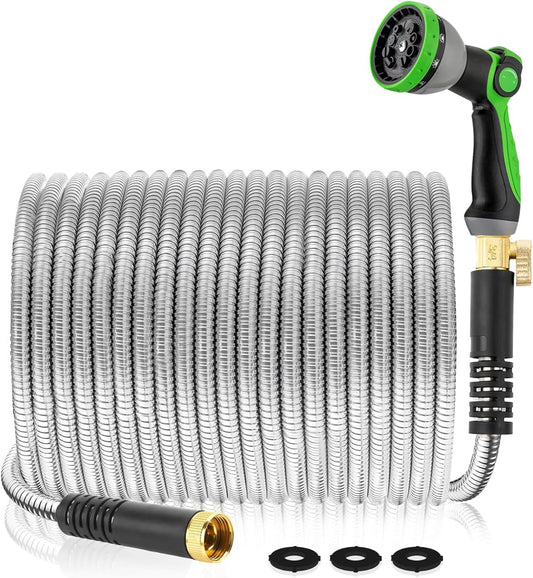 Metal Garden Hose 200Ft Stainless Steel Water Hose Heavy Duty with 10 Way Nozzle-Flexible Lightweight Durable No Kink & Tangle，Strong 3/4’’ Solid Metal Fitting Shut-Off Valve for Outdoor Yard