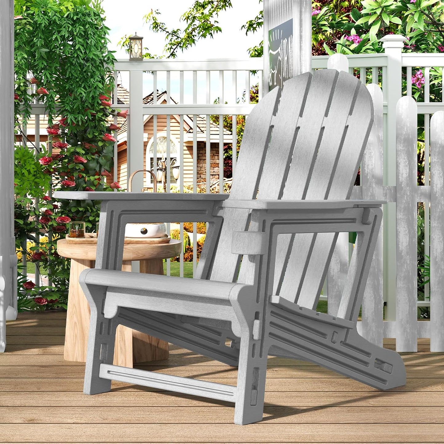 Adirondack Chair, Tool-Free Assembly All-Weather Adirondack Chairs, HDPE Fire Pit Chairs with Cup Holder, Outdoor Chair for Patio Garden (Grey)