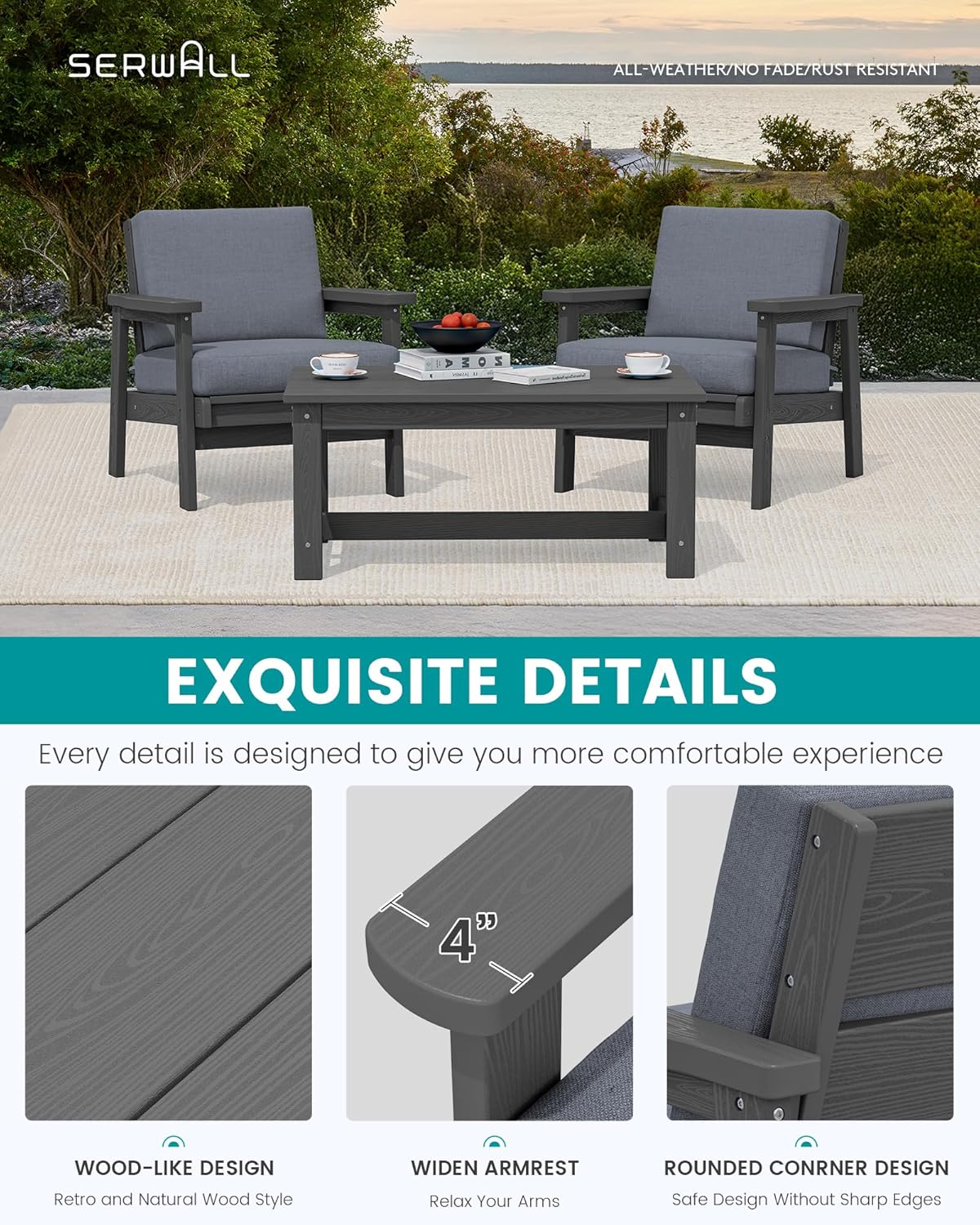 SERWALL HDPE Outdoor Couch, Grey Frame and Grey Cushion