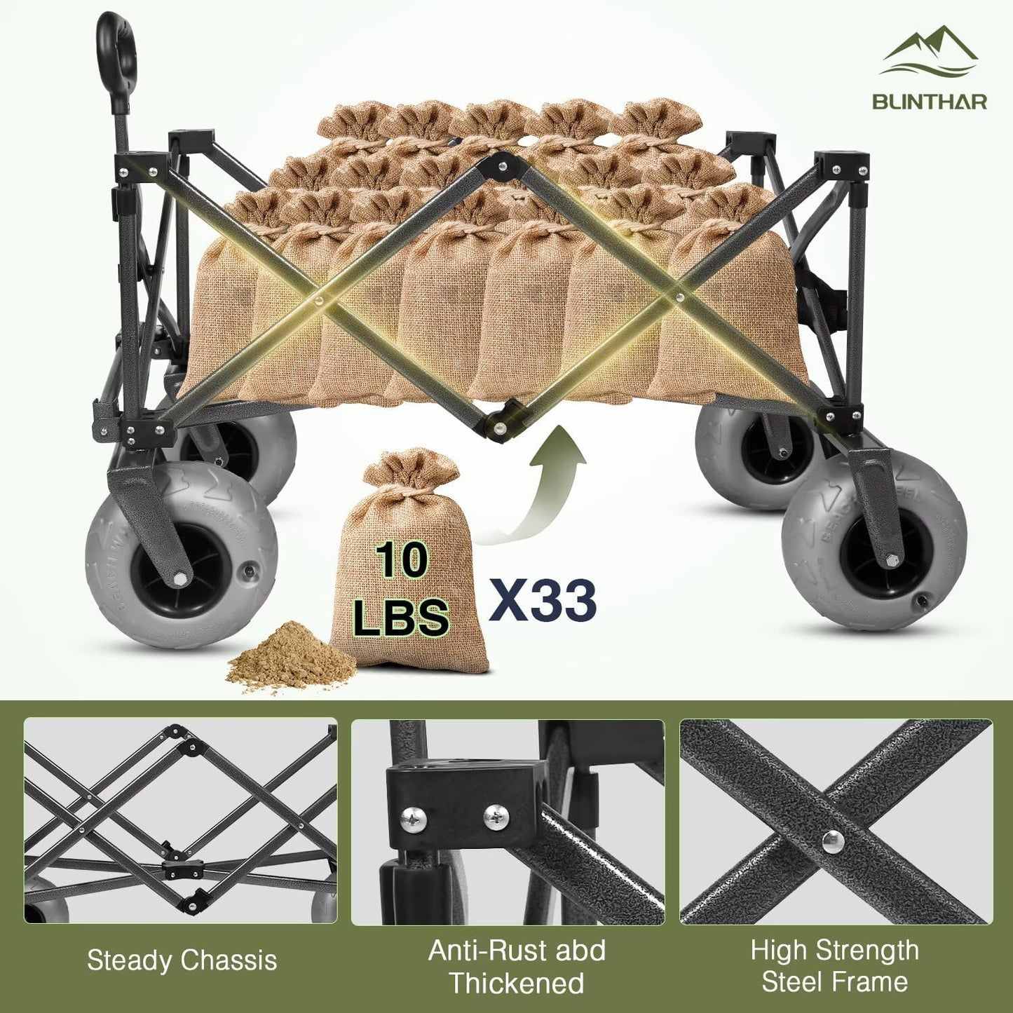 Beach Wagon with Big Wheels for Sand, Heavy Duty Collapsible Folding Wagon with All-Terrain 9" Pneumatic Tires & Drink Holders, Utility Wagon for Garden Sports Camping Outdoor Activities