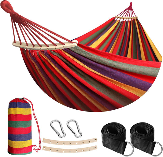 Anyoo Garden Cotton Hammock Comfortable Fabric Hammock with Spreader Bar Sturdy Hammocks Up to 450lbs Portable Lightweight Hammocks with Travel Bag for Camping Outdoor/Indoor Patio Backyard