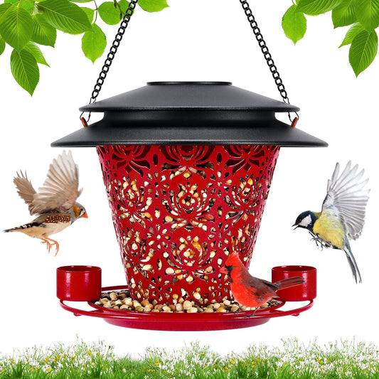 Solar Bird Feeders for Outside Hanging Metal Wild Bird Feeder Solar Lanterns Outdoor Waterproof Garden Decor for Yard red
