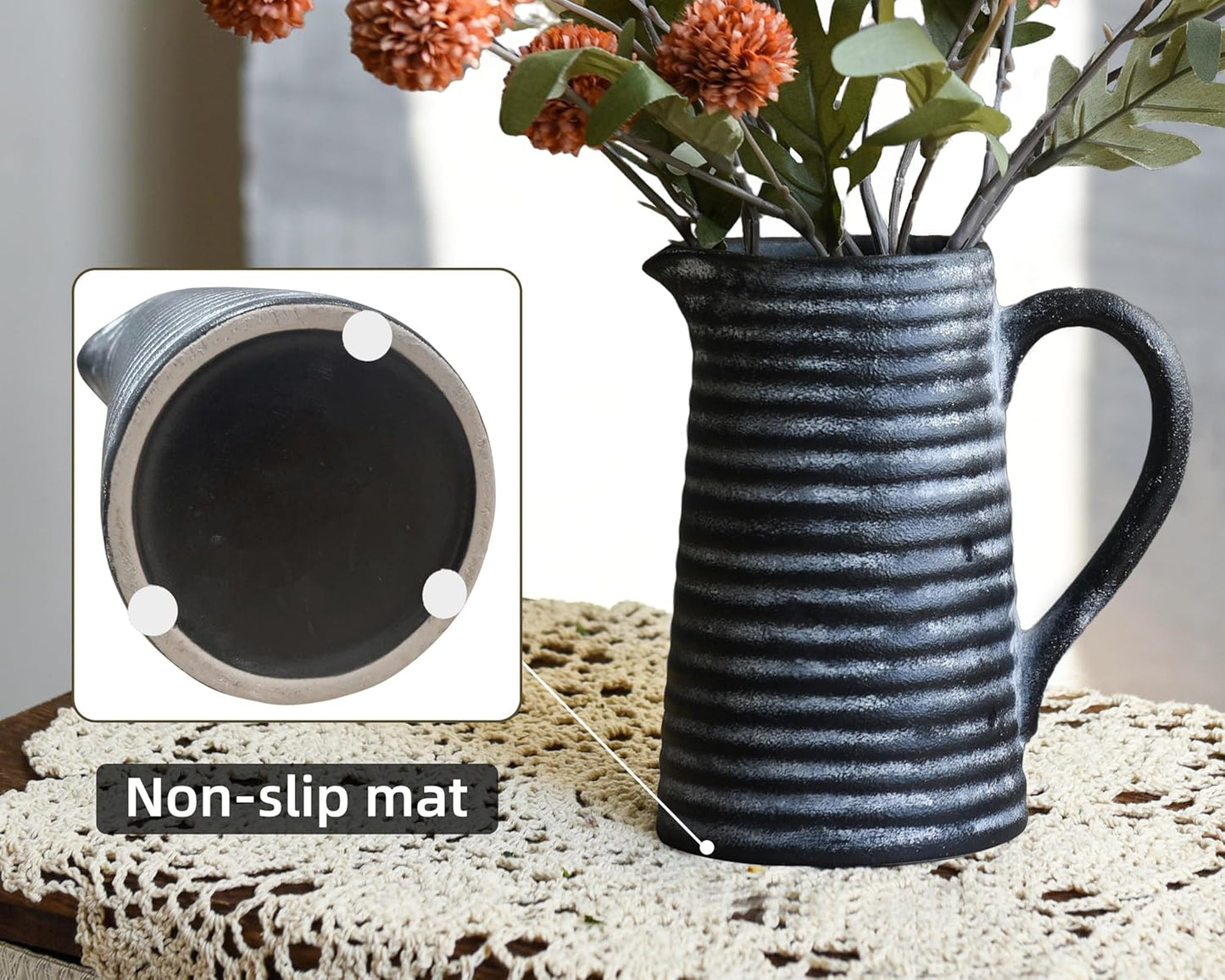 Quoowiit Ceramic Rustic Vase with Handle, Black Distressed Decorative Farmhouse Pitcher Vase for Home Decor Living Room Bedroom Kitchen Office Shelf Decor Centerpiece Table Decoration