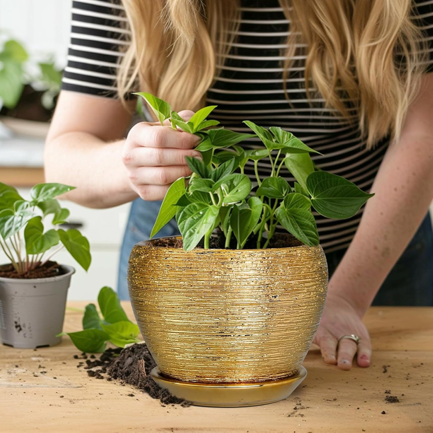 Indoor Plant Pot 6 Inch - Ceramic Pot for Plants Outdoor Planter with Drainage Hole and Saucer Round Decorative Planter Modern Flower Pot for Home Decor Gold