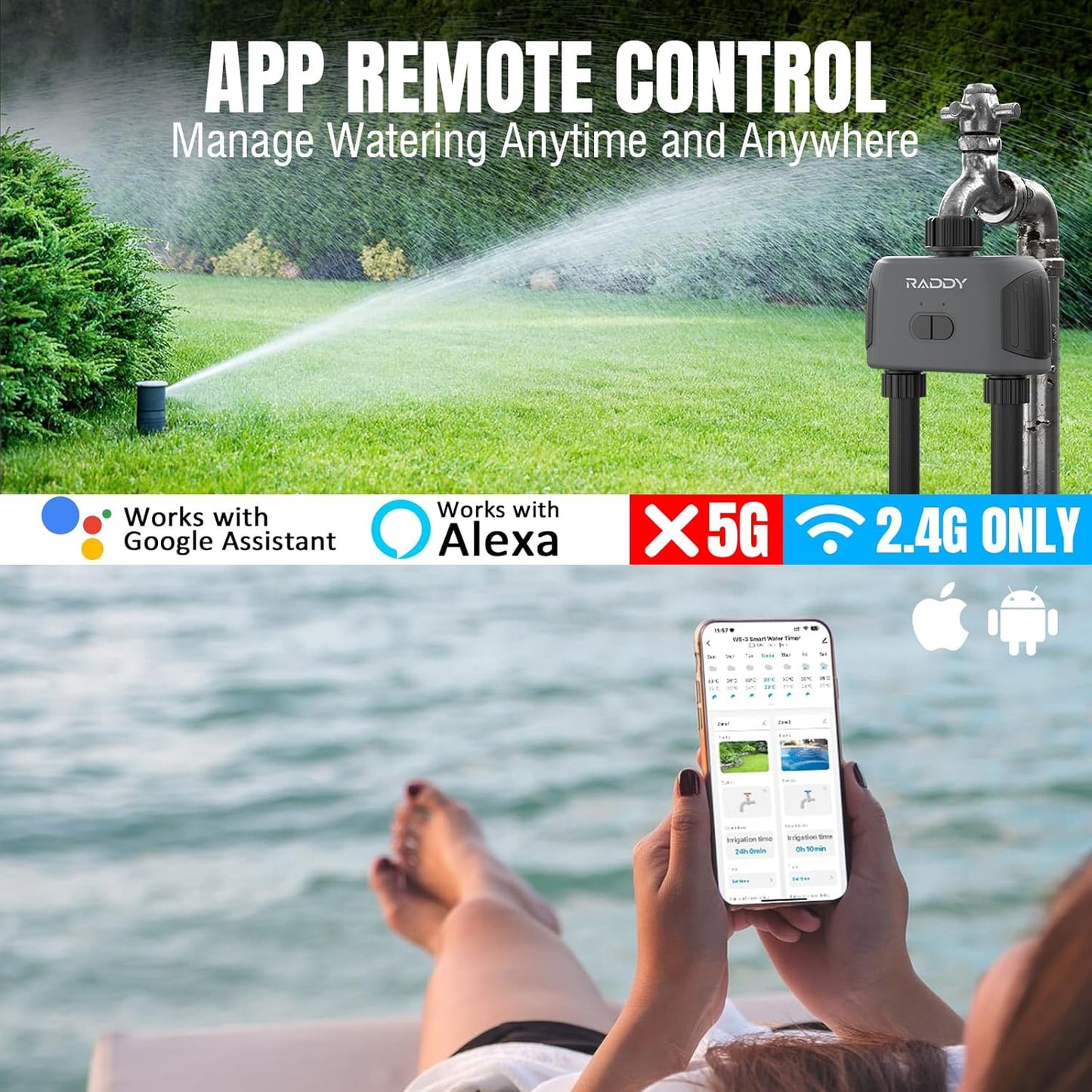 Raddy WS-3 WiFi Water Timer,2 Zones Sprinkler Timer for Garden Hose, Automatic Irrigation System with WiFi Hub, APP Control, Work with AWiFi Hub, Rain Delay for Lawns and Yard,2 Outlets