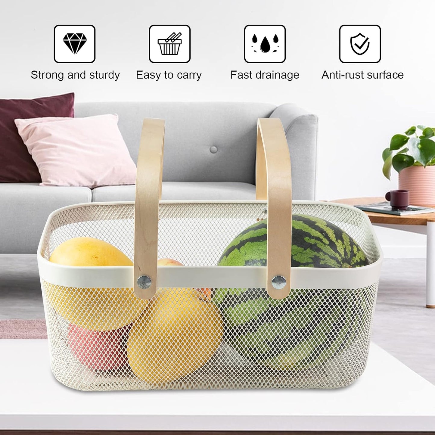 Portable Garden Harvest Basket-Mesh Design Natural Bamboo Handle Wire Storage Baskets,Mesh Basket with Handle Organize Items Reduce Space Occupation,Suitable for Kitchen,Garden,Picnic(White)