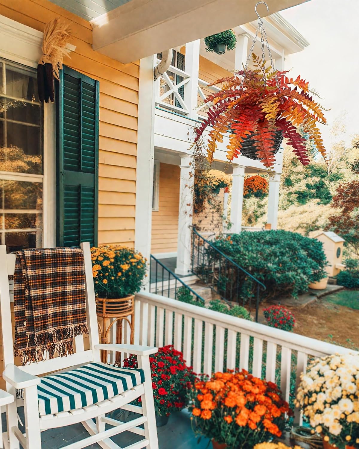 Hollyone Fall Hanging Baskets Small Artificial Fern Orange 21 Leaves Fall Hanging Decor Plant Boston Ferns Silk Plants with Black Rattan Baskets Outdoors Indoor Fake Fern Autumn Decorations for Home