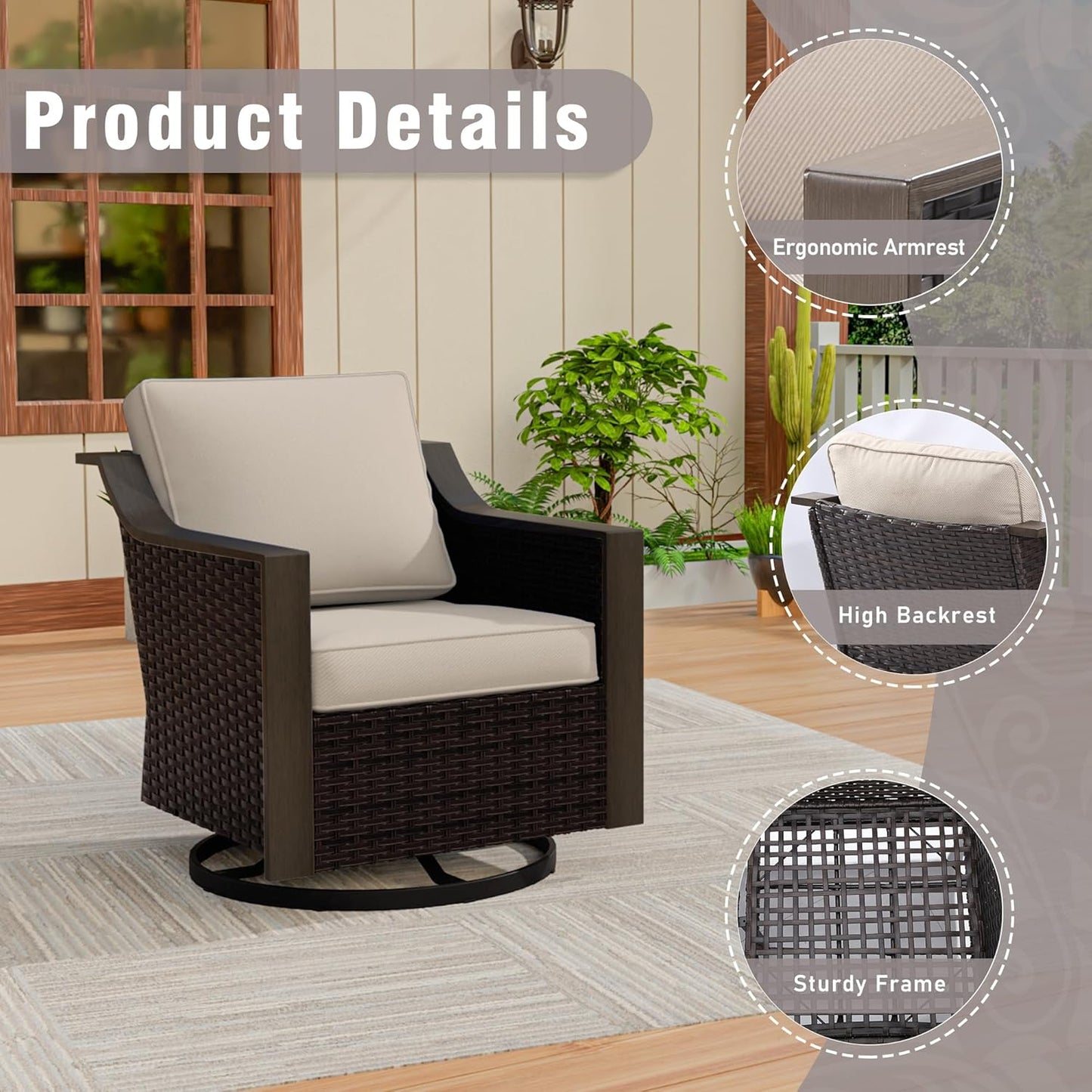 7 PCS Wicker Patio Conversation Set, All-Weather Use Outdoor 2 PE Rattan Swivel Chair, 2 PE Rattan Chair, 2 Ottoman, 1 Patio Sofa, Removable Water-Resistant Cushion, Beige