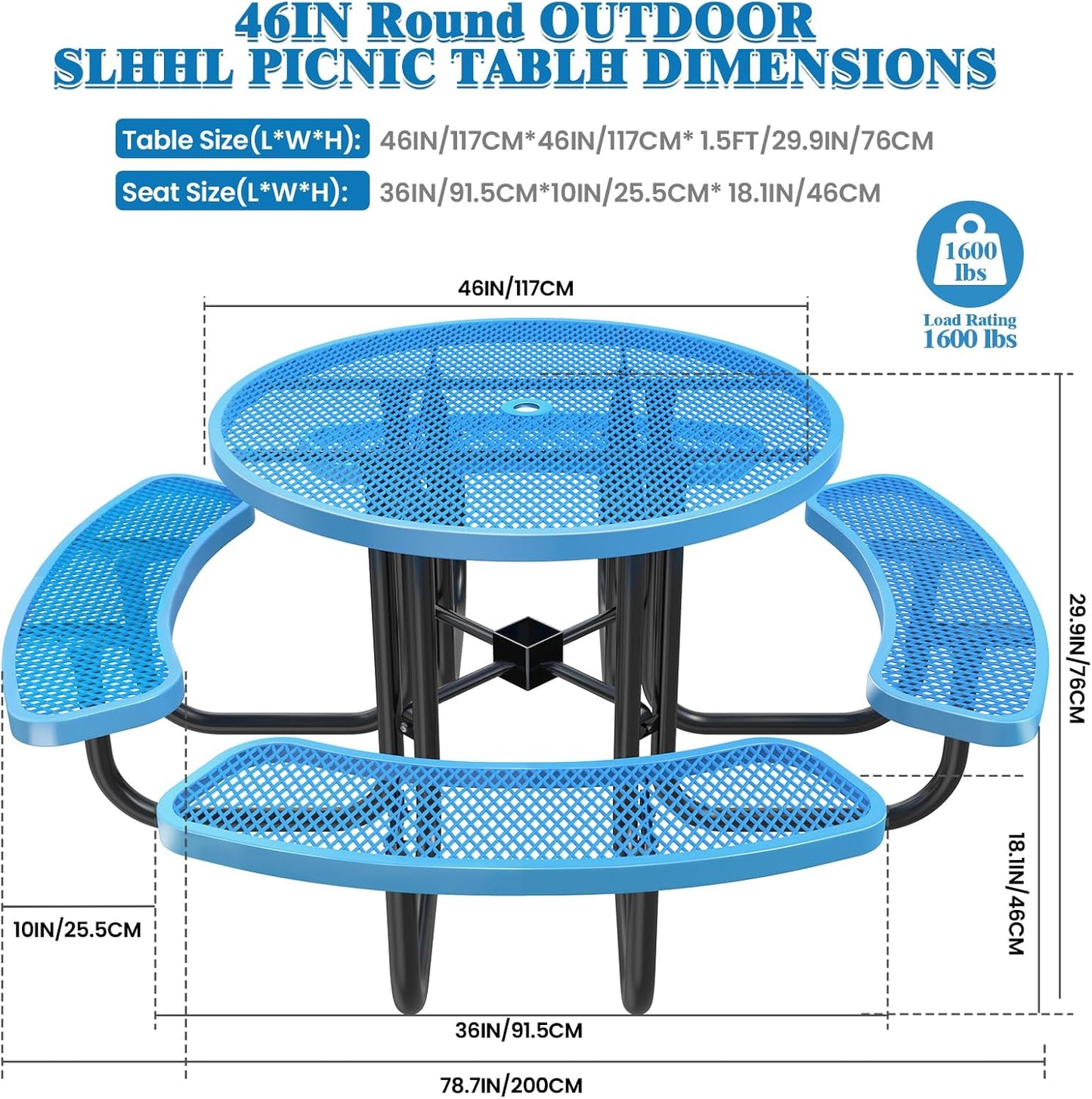 Heavy-Duty Park Bench or Table for Outside - Black Coated Outdoor Furniture Steel Bench, Commercial-Grade Outdoor Benches Weatherproof for Park, Patio, Porch (Blue, 46” (Rd. Table))