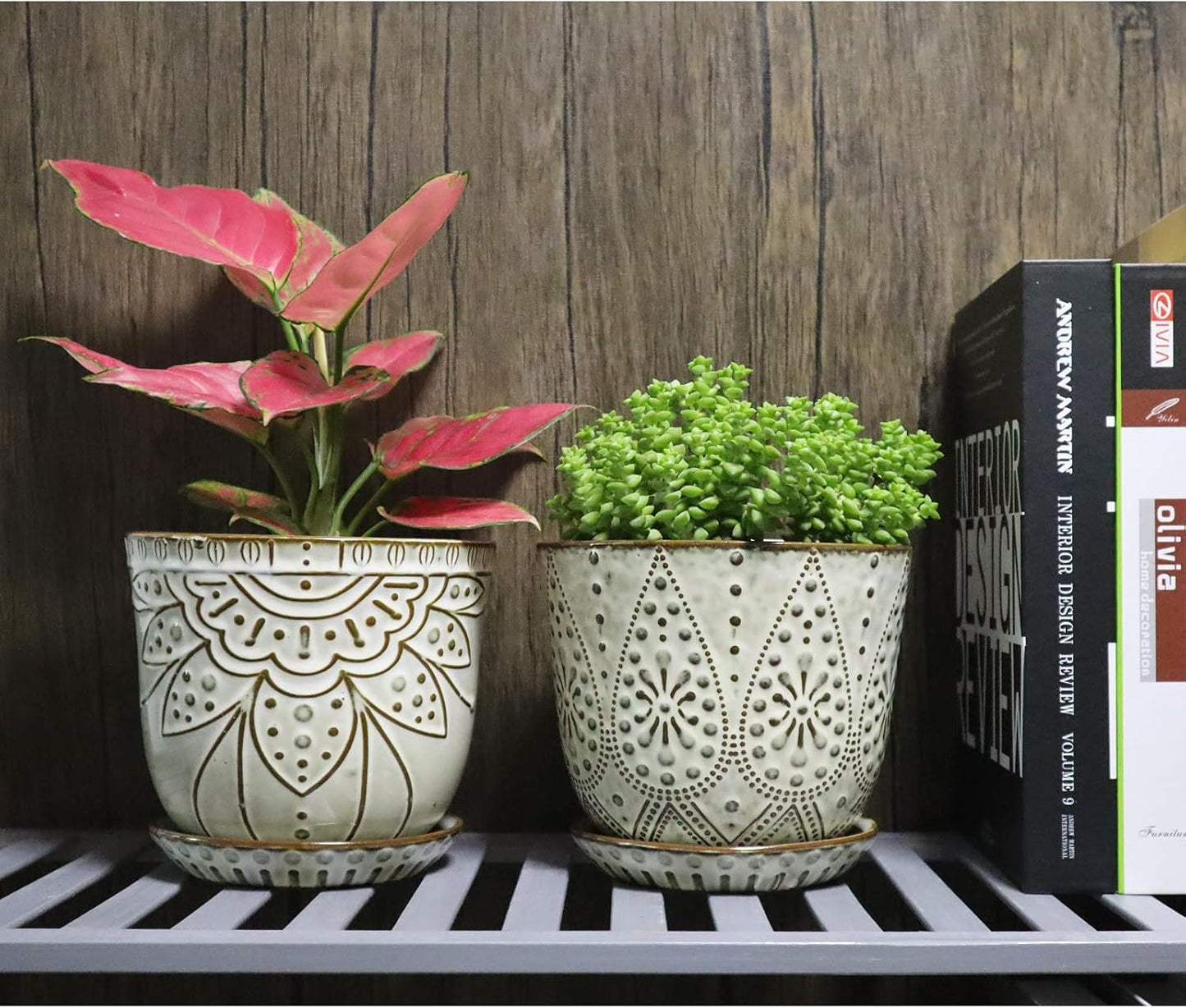 Gepege 6 Inch Beaded Ceramic Planter Set of 2 with Drainage Hole and Saucer for Plants, Indoor-Outdoor Large Round Succulent Orchid Flower Pot (Smoked Gray, Inner-pots not Larger Than 5 Inch)