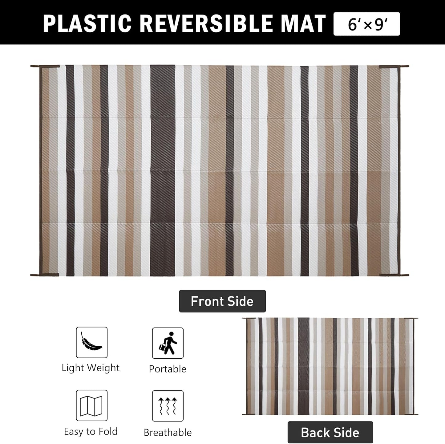 Outdoor Waterproof Rug 6'x9' Plastic Straw Rugs Washable Reversible Floor Mat Brown Stripe Carpet for Camping RV Deck Entryance Porch Picnic Balcony Beach Backyard
