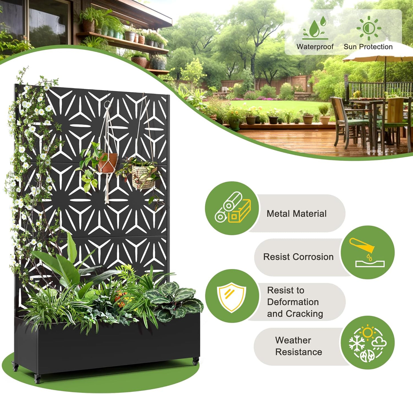 FENCY Metal Raised Garden Bed with Wheels and Trellis,73"x47"x16" Planter Box for Climbing Plants, Vegetables & Vines, Features Privacy Screen and Drainage Holes (Black-Star)