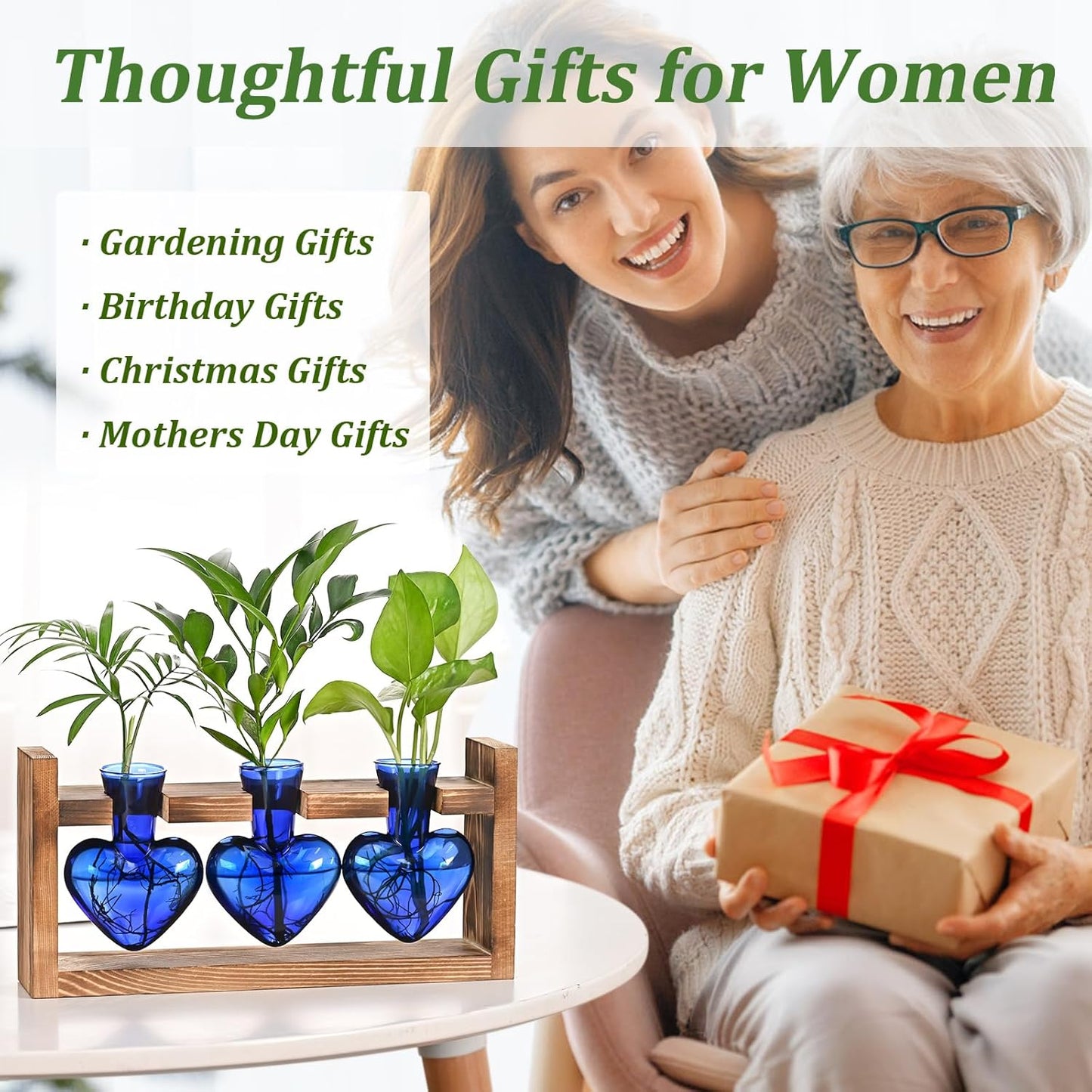 Lifecapido Heart Shaped Propagation Stations, Plant Terrarium with Wooden Stand, Plant Propagation Station for Hydroponics Plants Office Garden Home Decor, Gifts for Women Plant Lover (3 Vases, Blue)