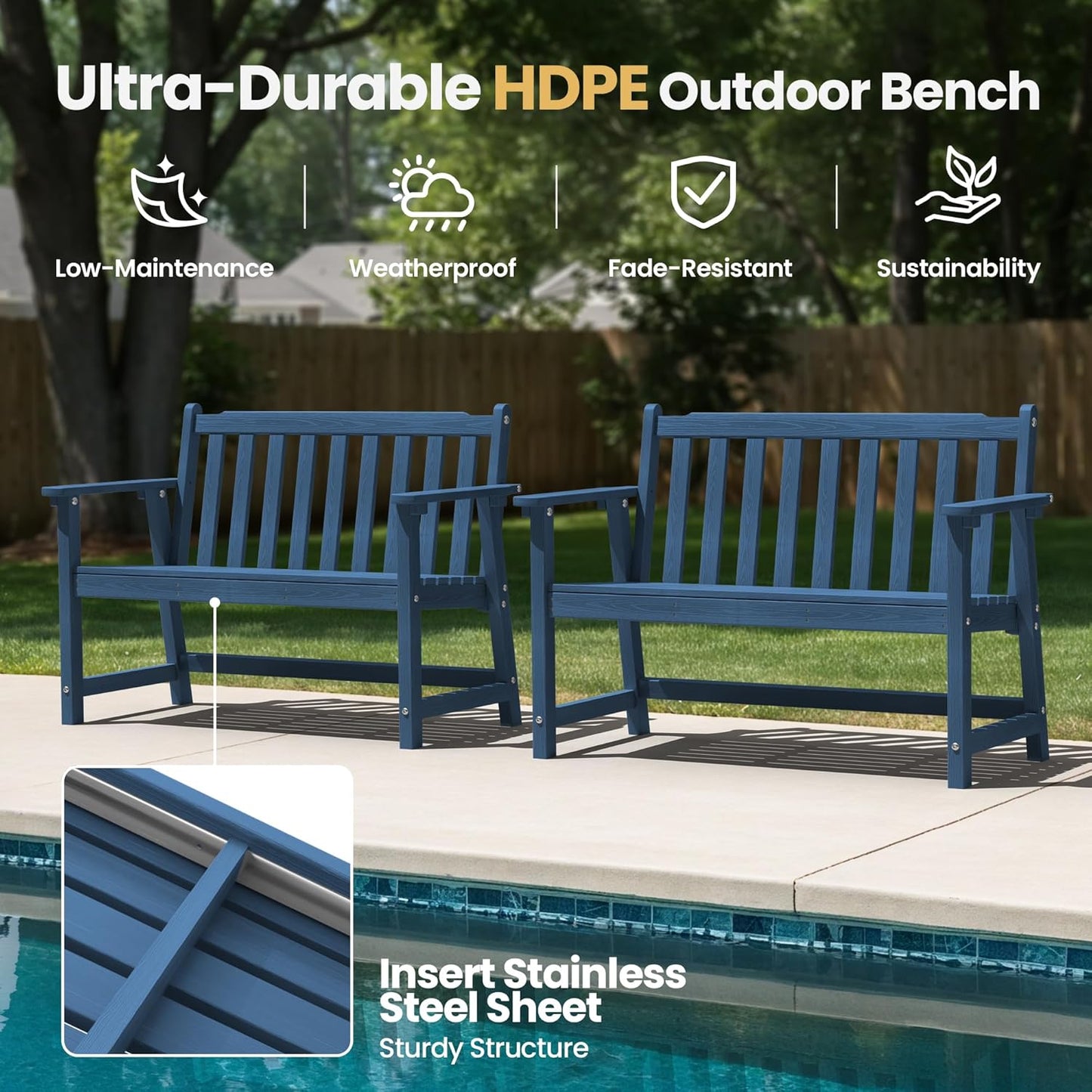 Ciokea 44" Outdoor Bench Set of 2, HDPE Weatherproof Garden Bench, 2-Person Memorial Benches with 550 Lbs, Waterproof Patio Porch Benches for Outside Business Deck Office Backyard Balcony, Navy Blue