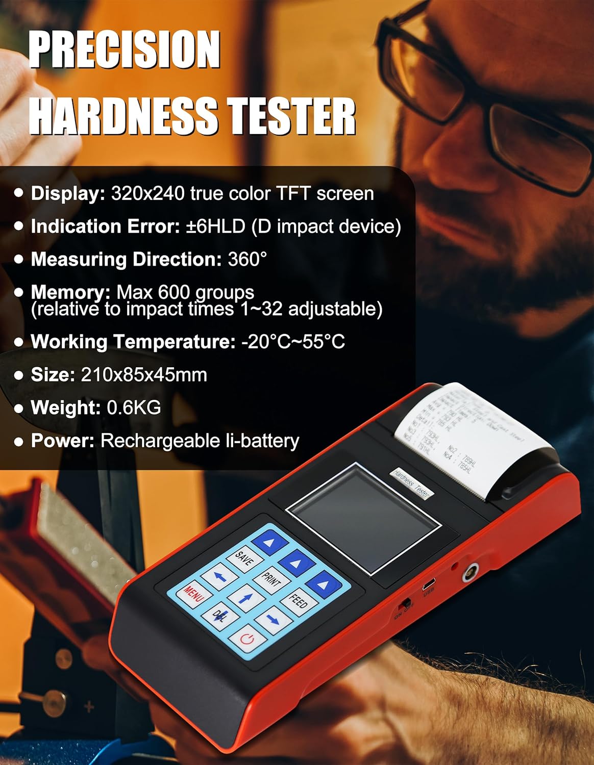 AMT212 Portable Built-in Printer Durometer Digital Handheld Leeb Hardness Tester with Standard D Impact Device PC Software for Steel Aluminum Iron Alloy Copper