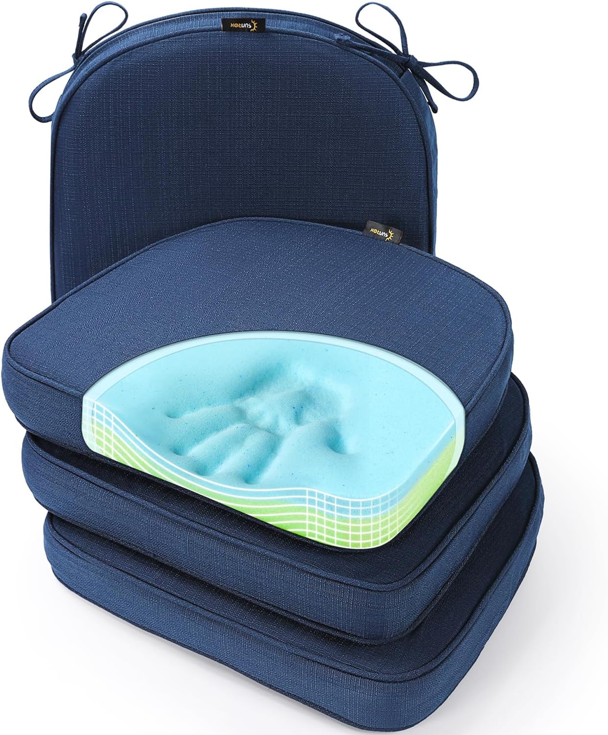 SUNROX Gel Memory Foam Chair Cushion with Ties, Ultra Durable Water Resistant FadeShield Outdoor/Indoor Reversible Chair Seat Cushion 17 x 16 inch Set of 4, Navy