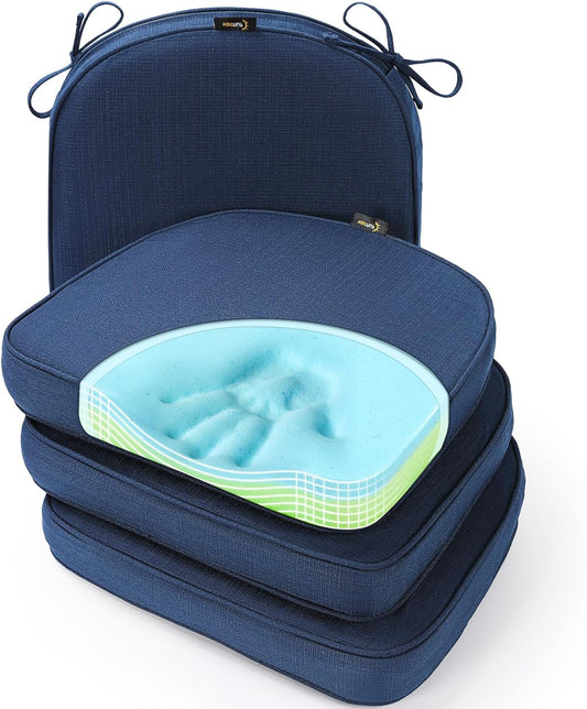 SUNROX Gel Memory Foam Chair Cushion with Ties, Ultra Durable Water Resistant FadeShield Outdoor/Indoor Reversible Chair Seat Cushion 17 x 16 inch Set of 4, Navy