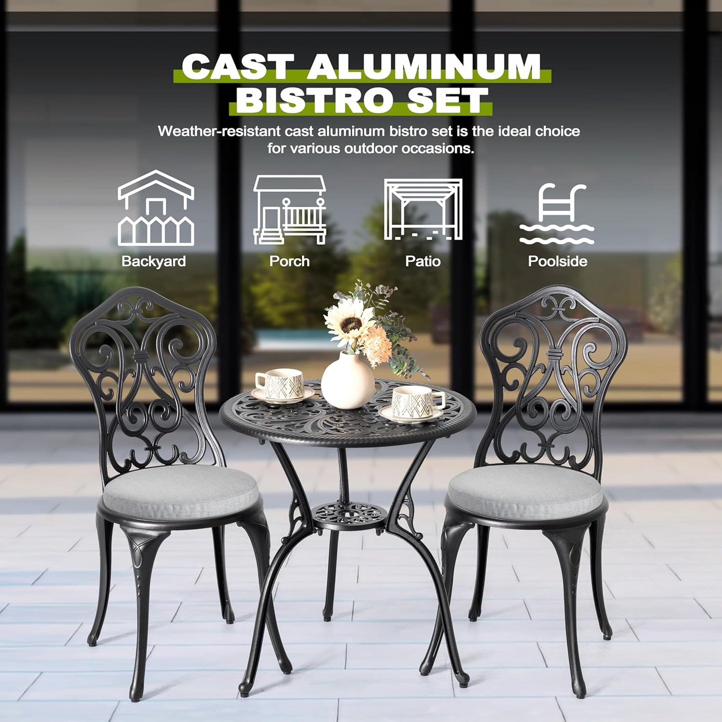 NUU GARDEN 3 Piece Outdoor Bistro Table Set, All Weather Cast Aluminum Patio Bistro Sets Patio Table and Chairs Set of 2 with Umbrella Hole for Yard, Garden, Balcony, Black