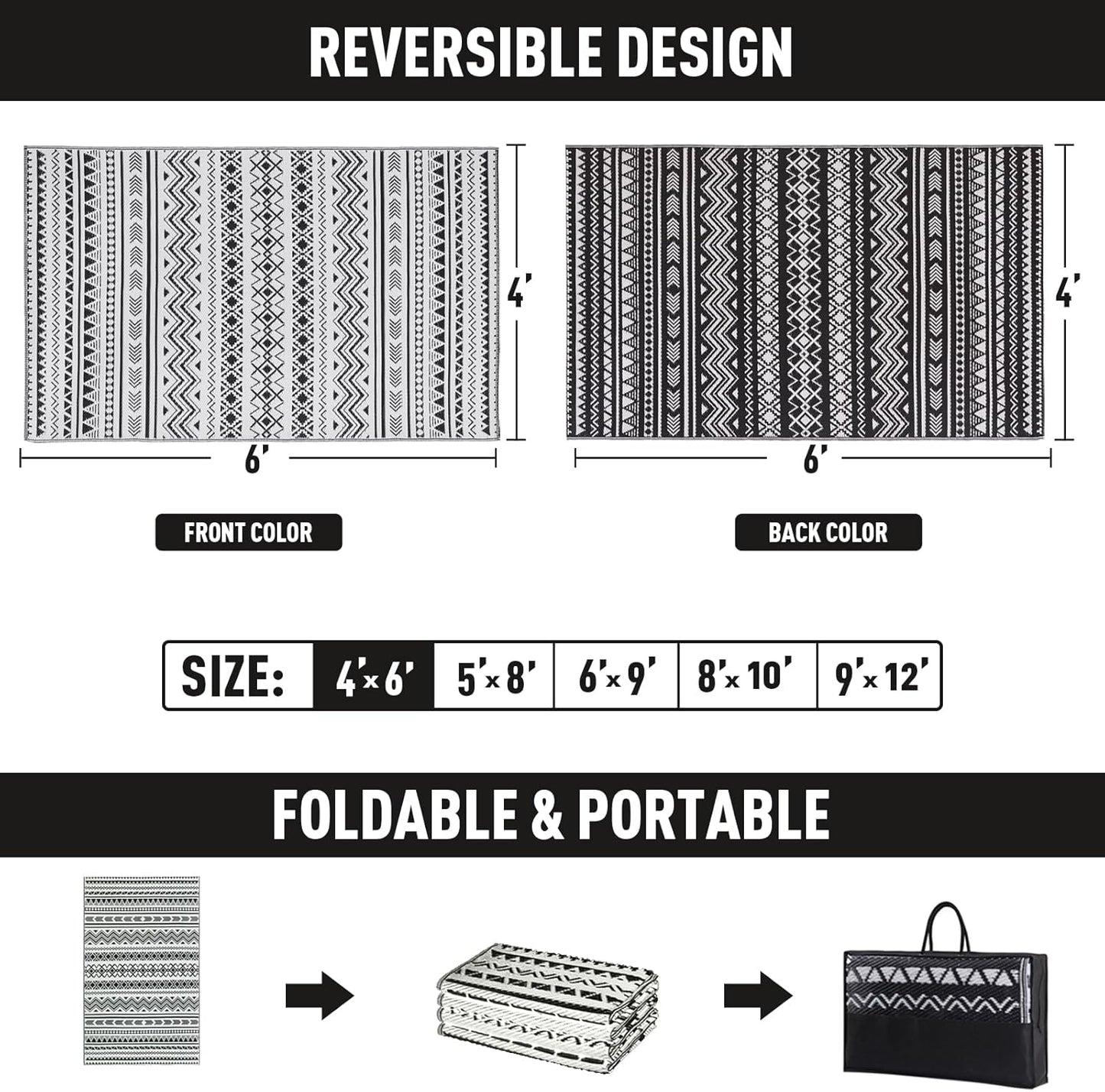 WILDROOTS 9x12 Feet Black and White Plastic Outdoor Rug, Stain Resistant Waterproof Reversible Outdoor Patio Rug, Fade Resistant Camping Rug