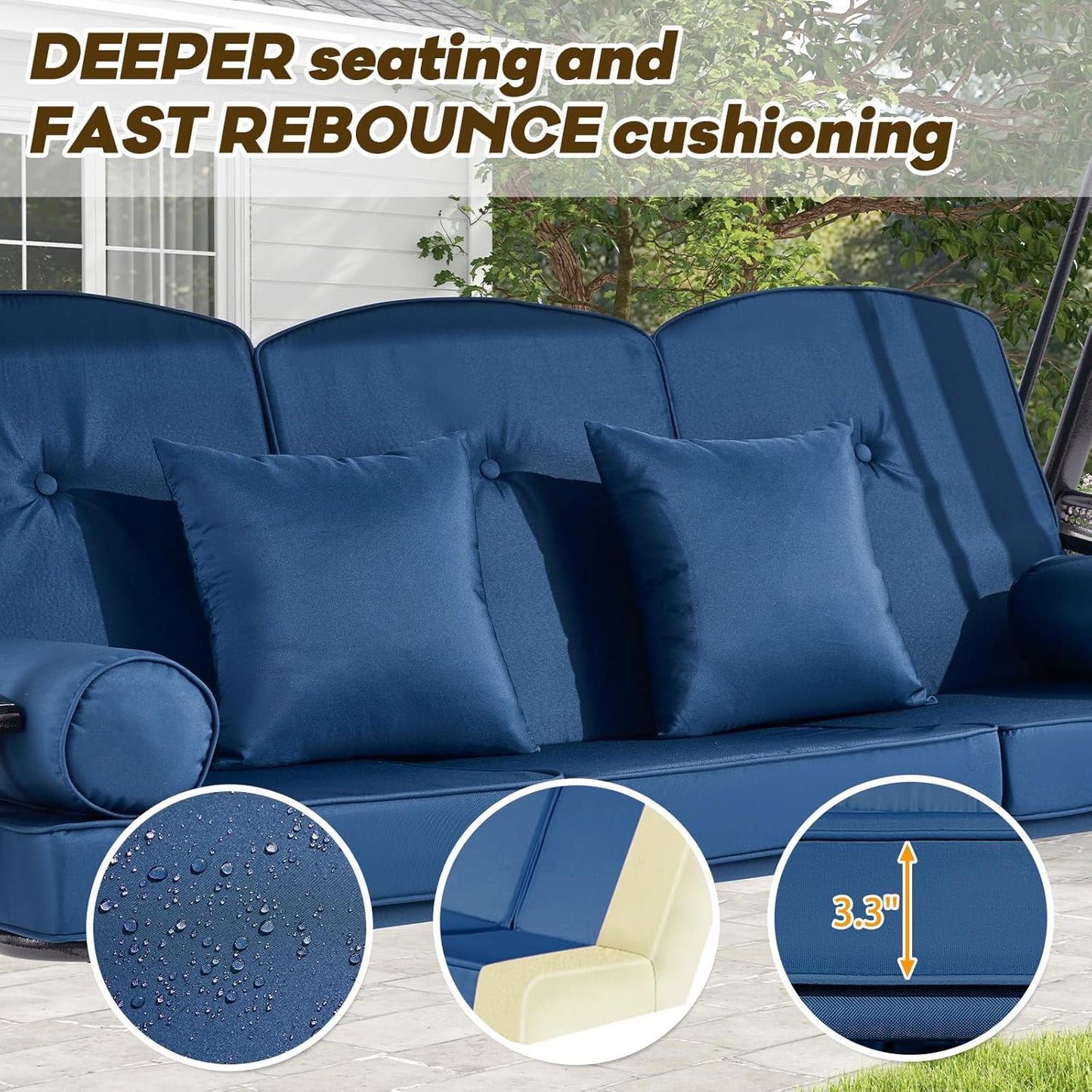 3 in 1 Outdoor Porch Swing with Adjustable Canopy, 3 Seat Outdoor Swing for Adults, Patio Swing Chair with Thickened Cushions,Pillows & Cup Holders for Backyard, Porch, Garden (Blue)