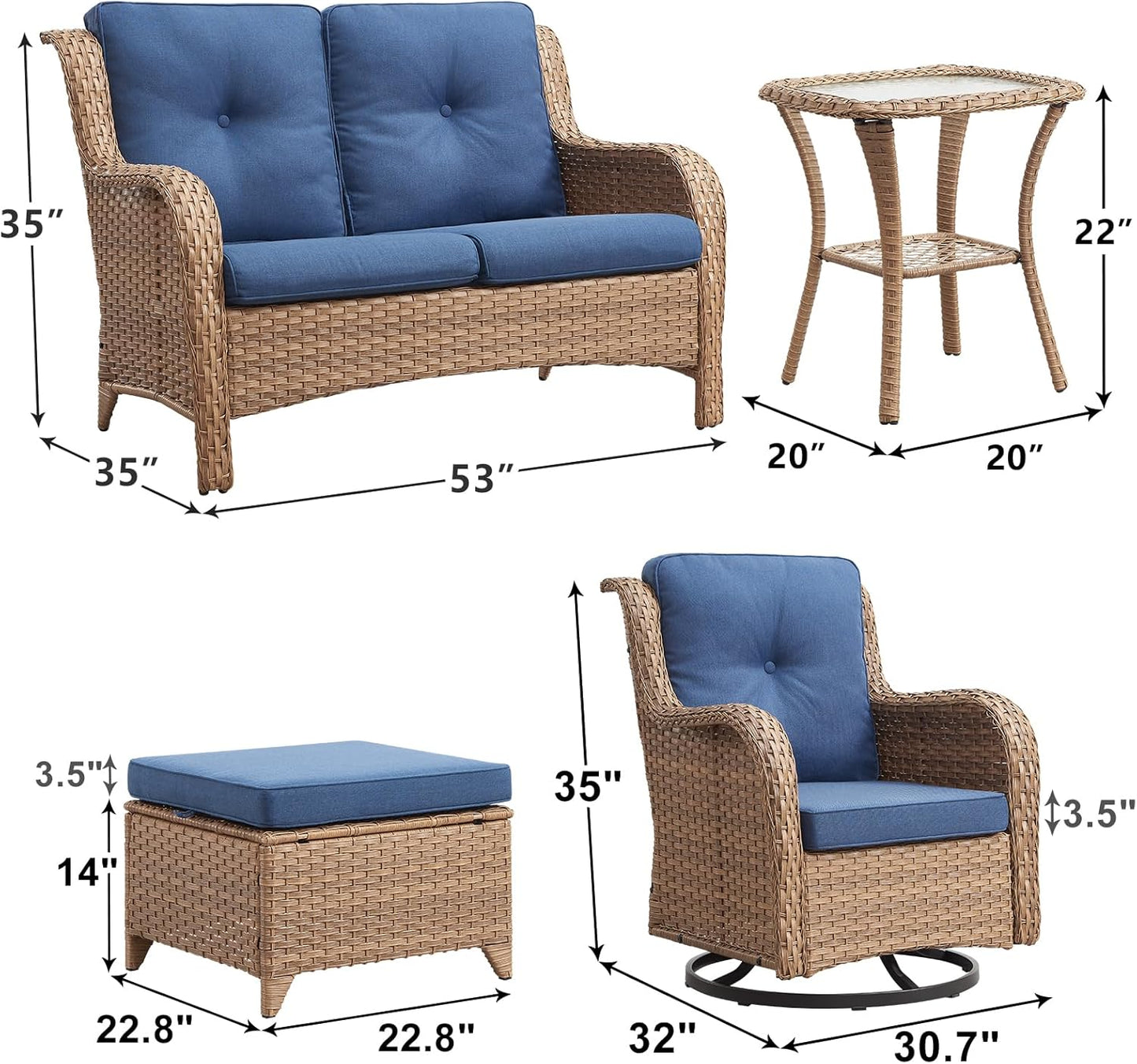 Outdoor Wicker Patio Furniture Set - 6 Piece Rattan Patio Conversation Set with 2 Rocking Swivel Chairs,2 Ottomans,1 Loveseat and 1 Side Table for Porch Deck Backyard Garden(Yellow/Blue)