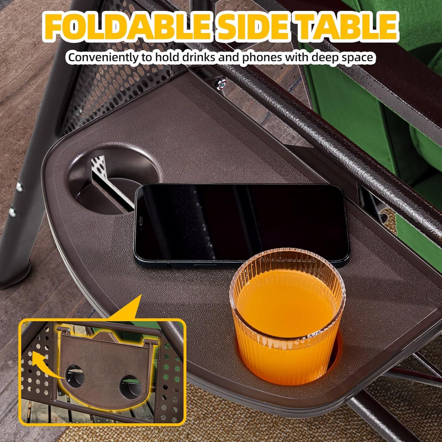 3-seat Patio Swing with Canopy,Convertible Outdoor Swing Bed with Thick Cushions, Pillows & Cup Holders, 3-Seat Outdoor Swings Chair for Backyard, Garden, Deck(Green)