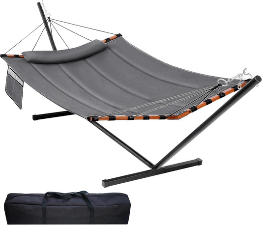 TegerDeger 12FT 2 Person Hammock with Stand Included 55 x 79IN Large Hammock 450LB Capacity with Hardwood Spreader Bar & Nylon Rope for Outside, Patio, Garden, Backyard, Beach, Poolside - Gray