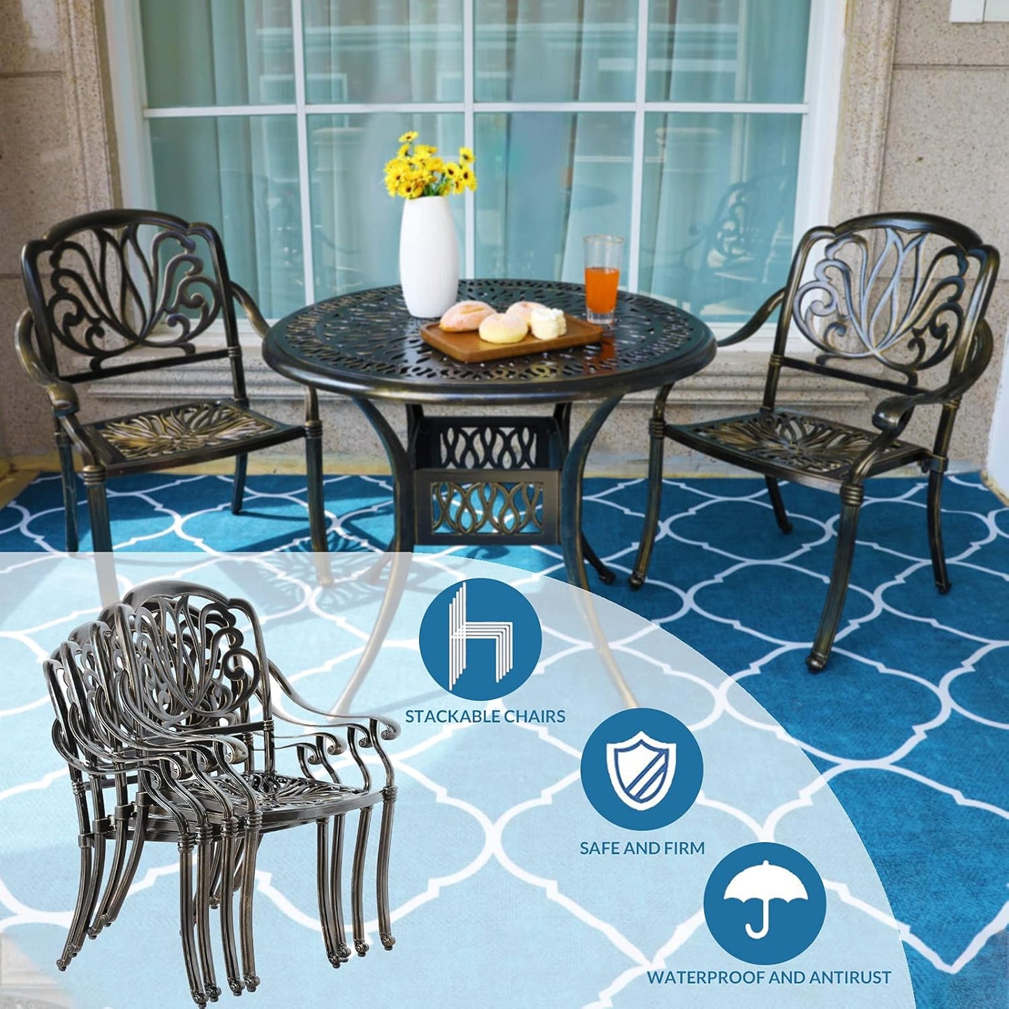 MEETWARM 3 Piece Patio Bistro Set, Outdoor All-Weather Cast Aluminum Dining Furniture Set Includes 2 Chairs and a 31” Round Table with Umbrella Hole for Garden Deck