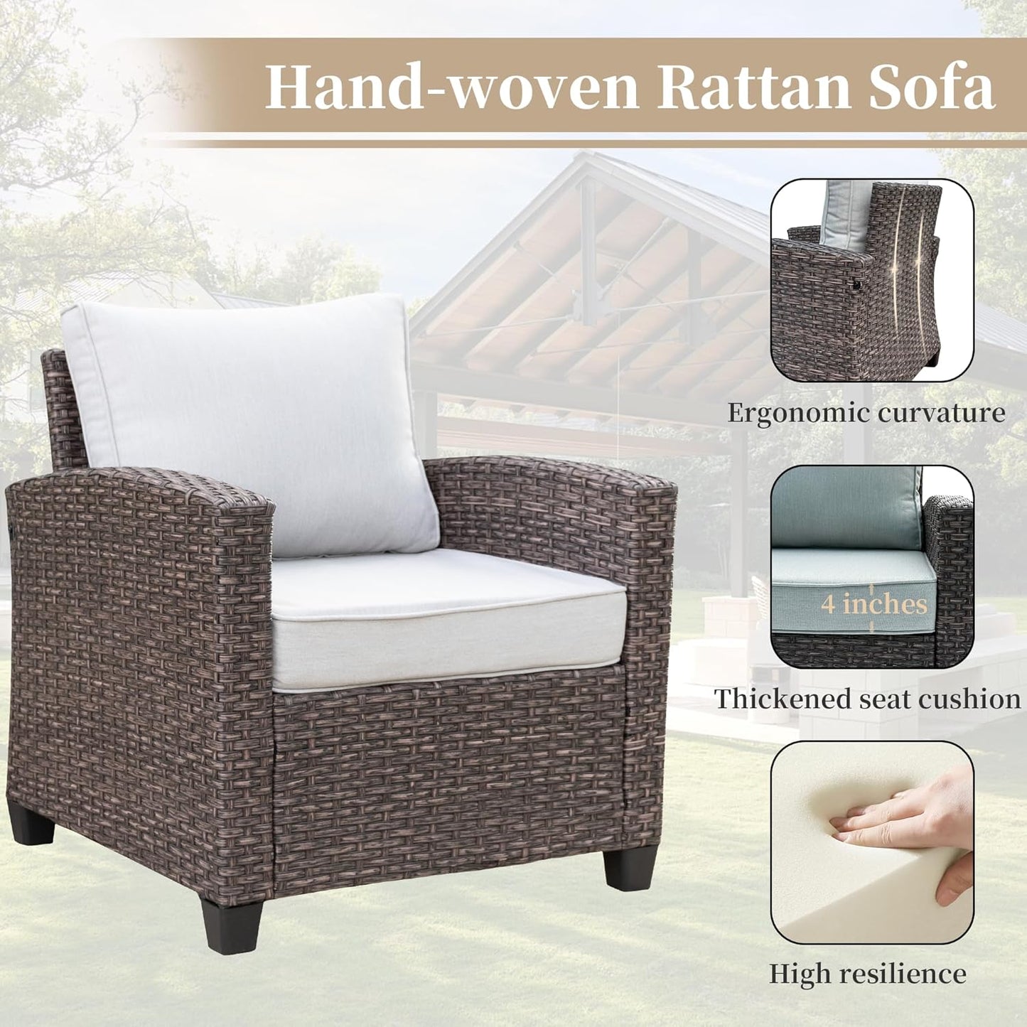 Outdoor Patio Sectional Sofa Set, 4-Piece Rattan Furniture, Patio Conversation Sets with Fire Pit, Swivel Sofa, Seats 2, Light Grey