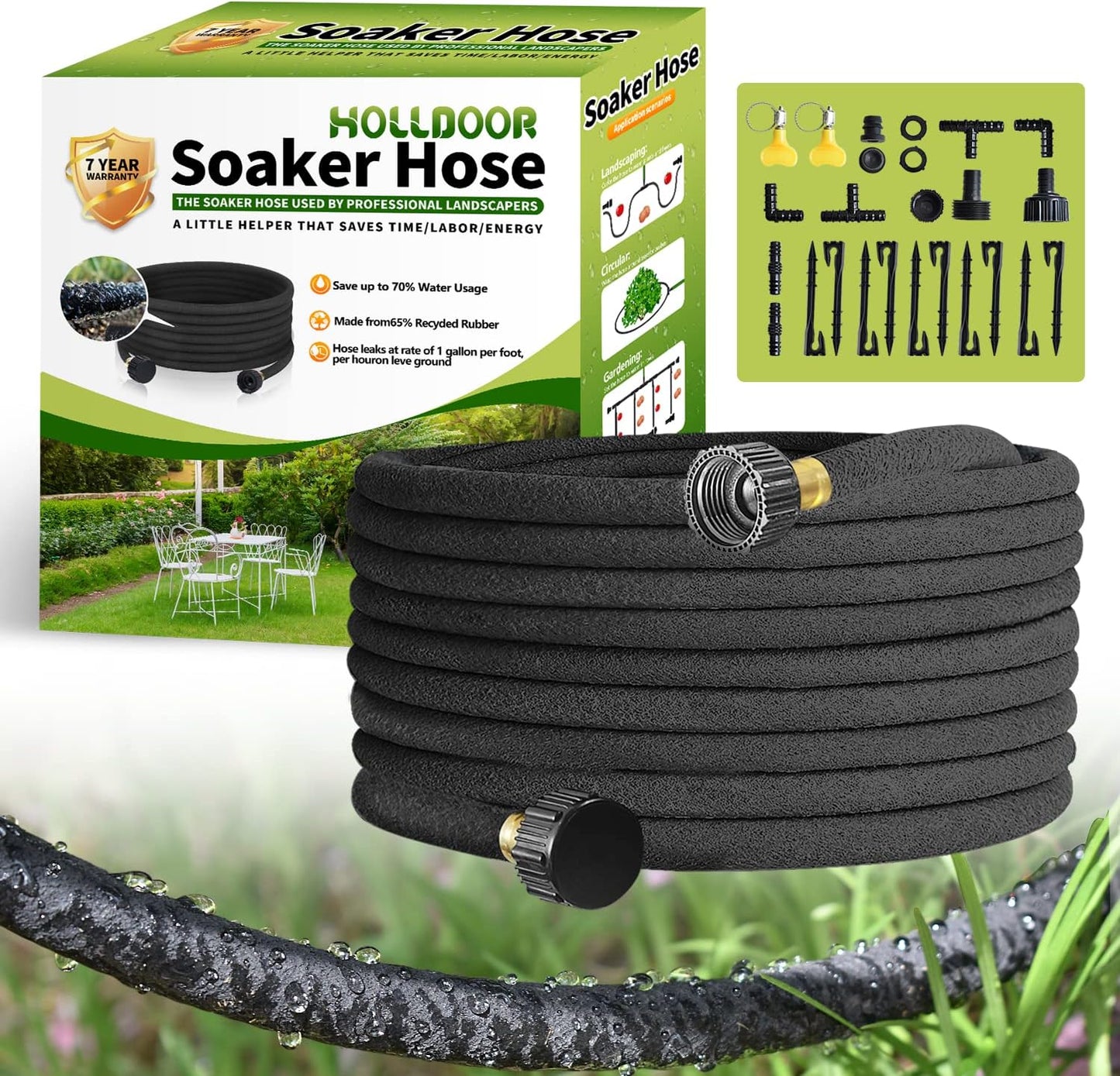 Soaker Hose 100 Ft for Garden Beds with Fittings Kit, 1/2’’ Soaker Hose for Foundation Watering, Heavy Duty Water Saving Drip Hoses for Lawn, Landscaping, Garden(100 FT)
