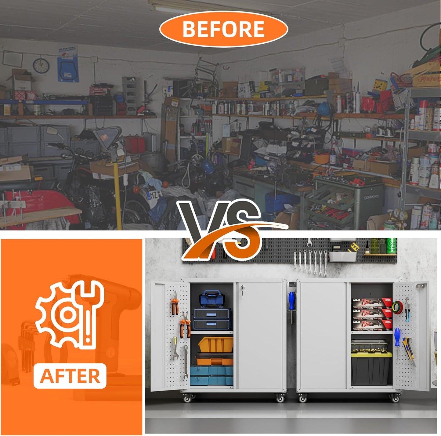 Garage Storage Cabinet with Wheels & Pegboard, 34.3" H Locking Metal Tool Storage Cabinet with Doors and Shelf & 4 Hooks for Garage, Home, Workshops, Assembly Required, White