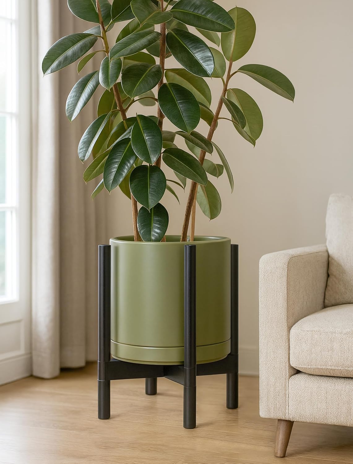 D'vine Dev Ceramic Planter with Ebony Stand - 12 Inch Modern Round Flower Pot with Wood Planter Holder, Olive, 55-B-H-J