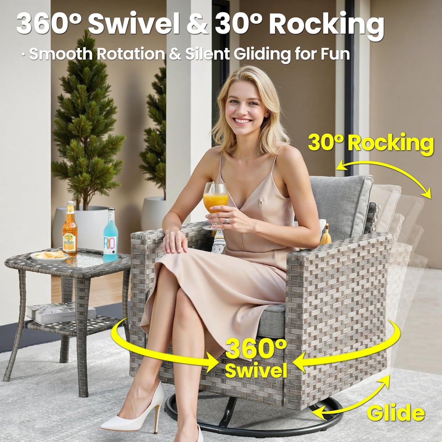 ovios 9 Pieces Patio Furniture Set, Outdoor Wicker Sectional Sofa with 42" Fire Pit Table Swivel Chair, Modern Modular Deep Seat Rattan Couch Conversation Sets, Dark Grey