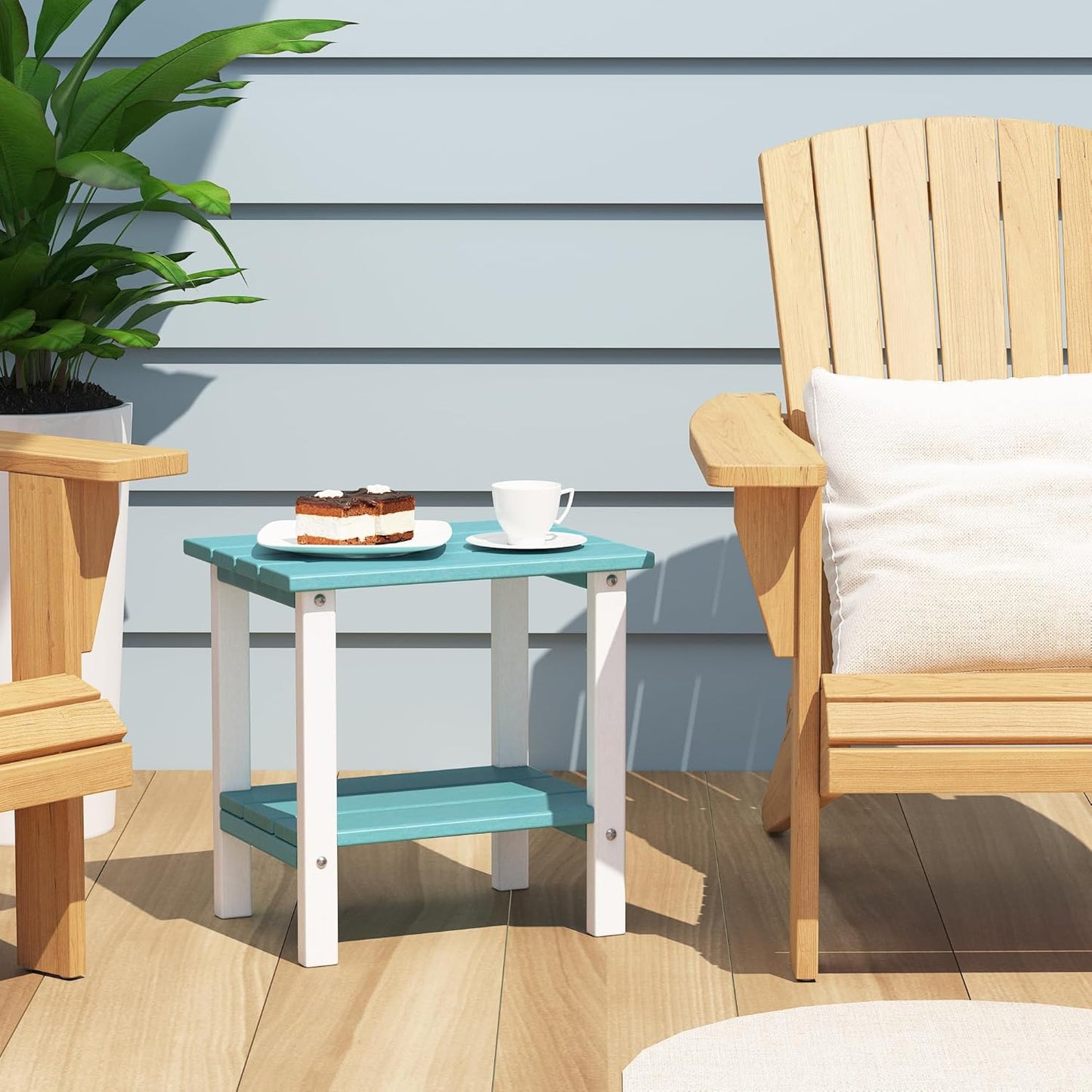 Outdoor Side Table, 16 Inch Square Patio Table, All Weather Porch Table for Balcony, Backyard, Lawn, Indoor Outdoor Companion (Aruba Blue & White)