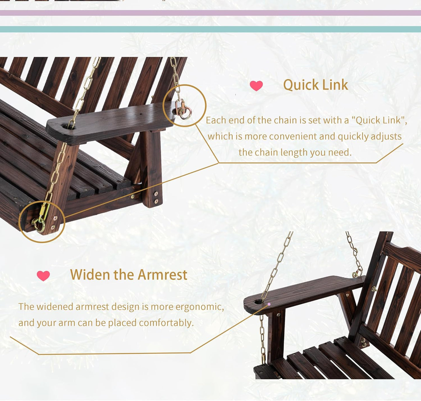 Anraja Wooden Porch Swing 2-Seater, Bench Swing with Hanging Chains, Heavy Duty 800 LBS, for Outdoor Patio Garden Yard, 4 Ft, Brown