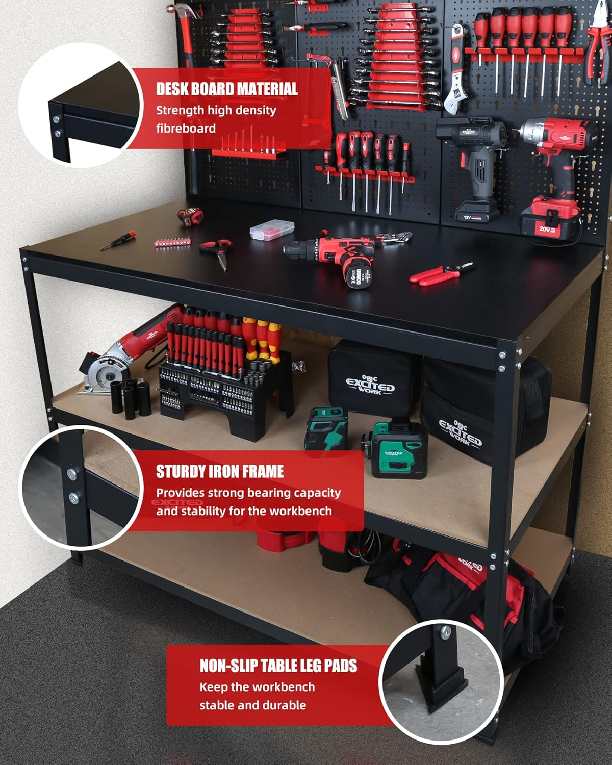 48inch Workbench with Peg Board, Multipurpose Tool Organizer and Work Bench with Double Storage Platform, Workbench in Garage Workshop (48" x 24" x 61")