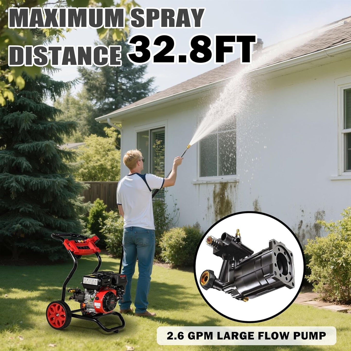 Gas Pressure Washer, 3950 PSI and 2.6 GPM, 7HP Engine with Copper Pump, 25FT Hose and Foam Cannon, 4 Nozzles, for Cars, Driveways, Fences