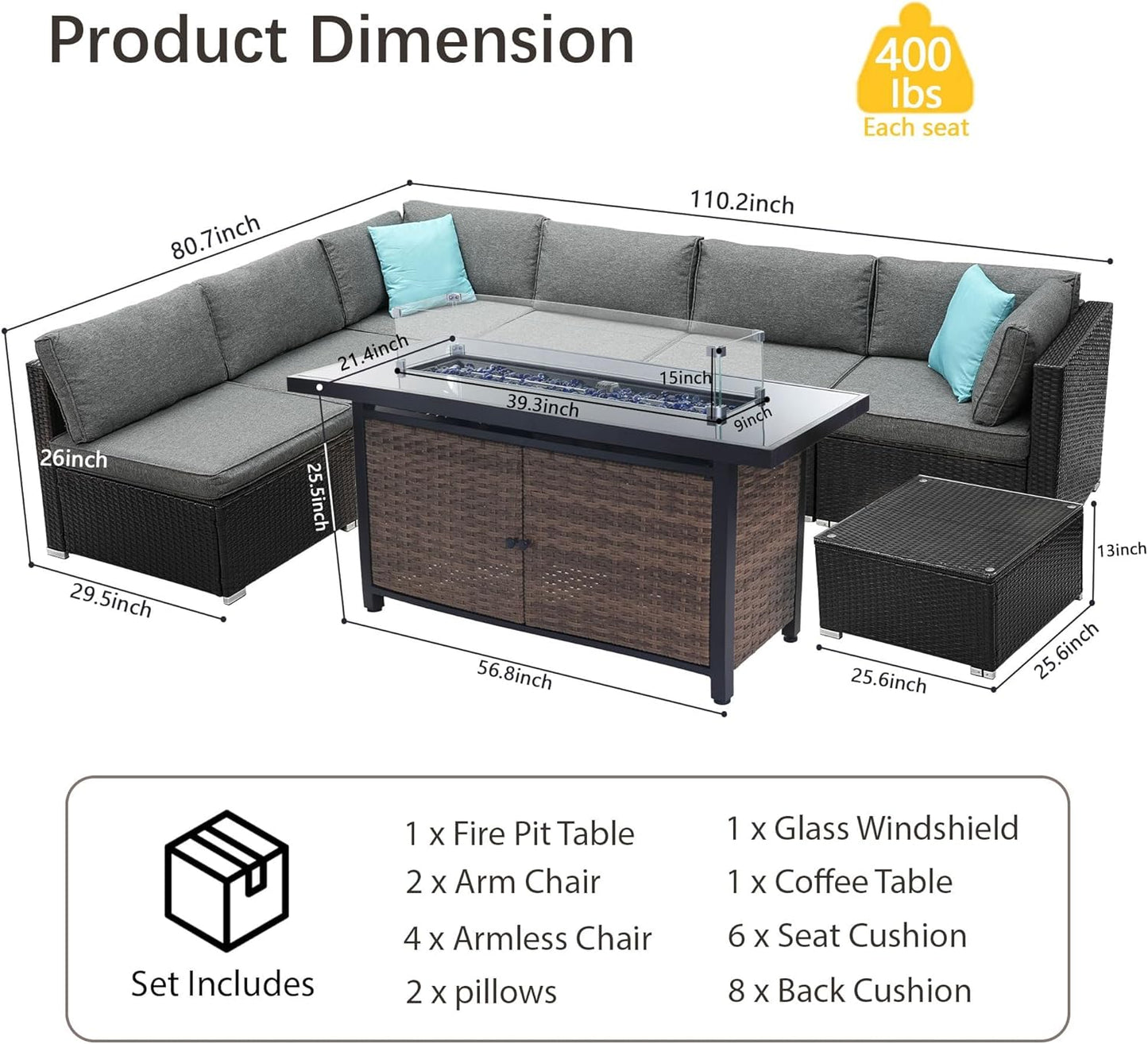 25-Pc Patio Furniture Set - 7 Piece Outdoor Rattan Sofa Set with 57" Fire Table and 17 Accessories, Modular Sofa Set for Garden/Poolside, Grey/Black