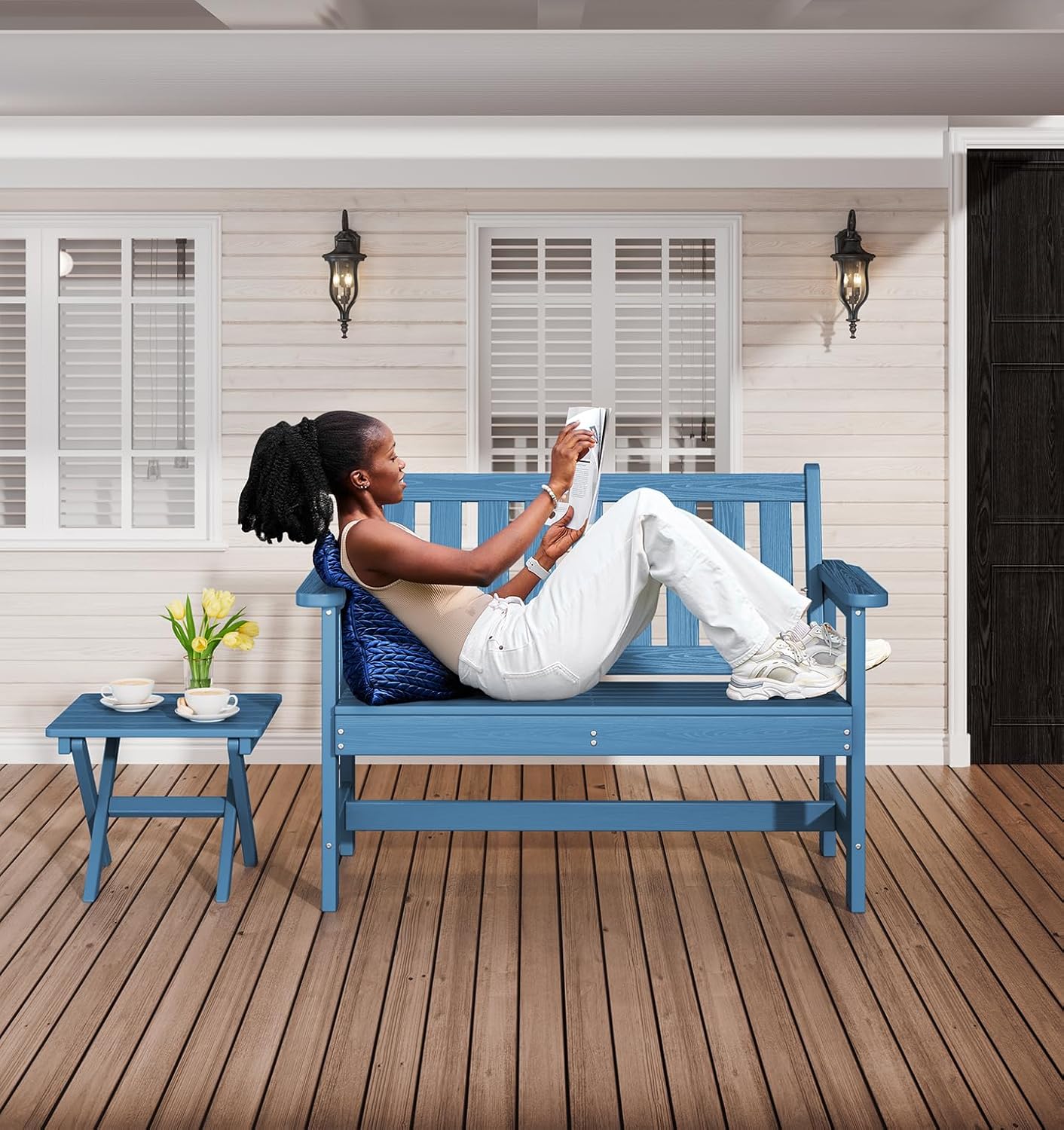 SERWALL Outdoor Bench, HDPE Outdoor Benches Weatherproof, 2-Person Garden Bench with 660 lbs Weight Capacity, Patio Benches for Outdoors, Garden, Porch, Backyard and Park, Navy, 4 Pack