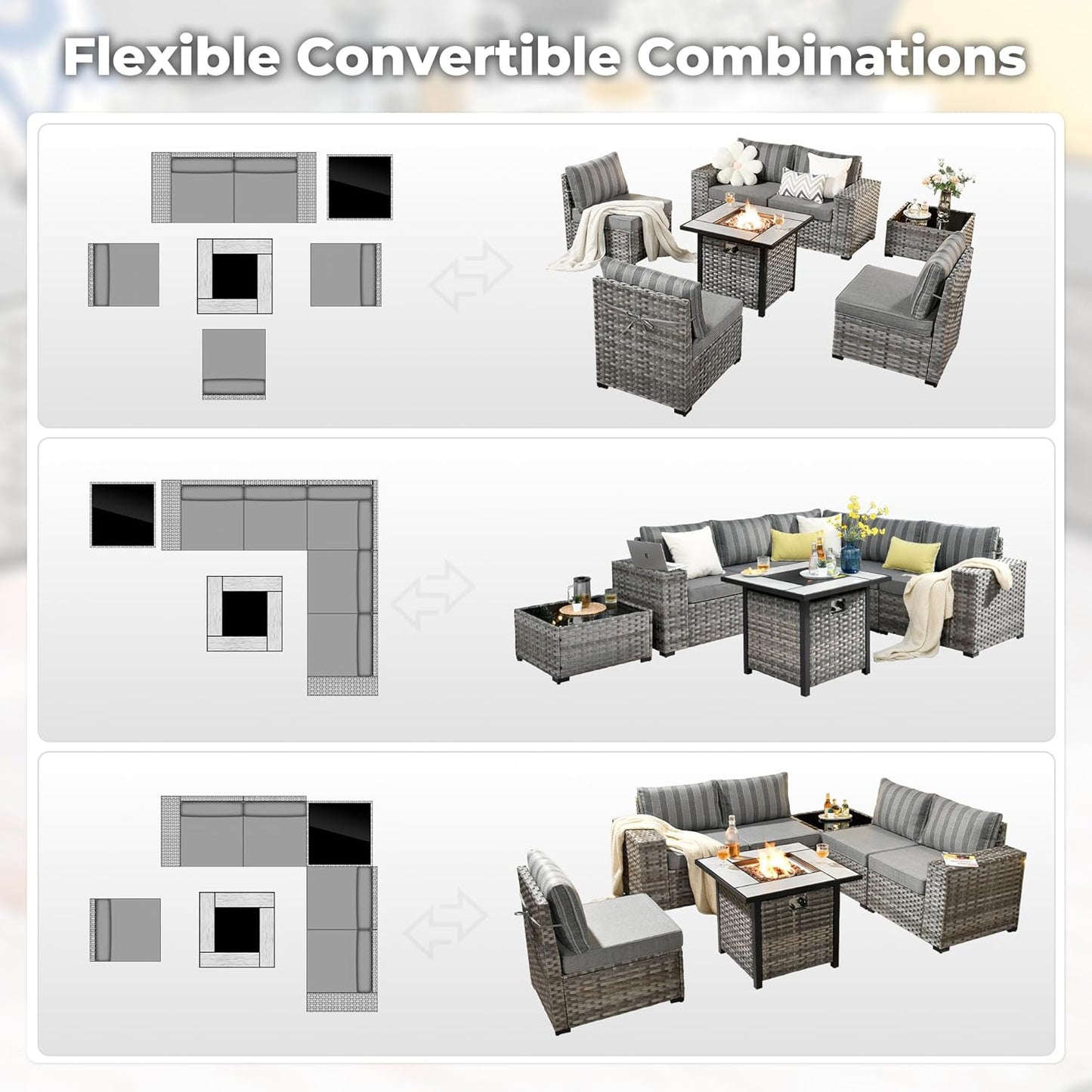 ovios 7 Pieces Patio Furniture Set, Outdoor Wicker Sectional Sofa with 30 Inch Fire Pit Table Comfy Cushions, Modern Modular Deep Seat Rattan Couch Conversation Set, Dark Gray Stripe