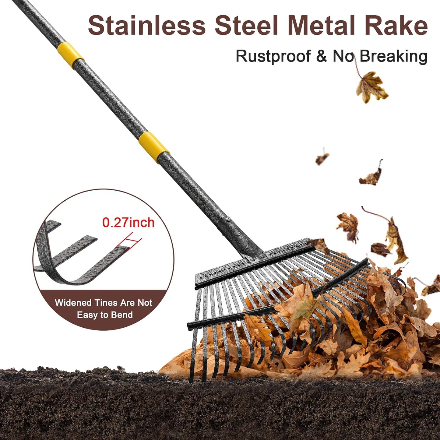 Metal Garden Rake, 5FT Rake for Leaves Lawns, 25 Metal Tines 18 inch Wide with Adjustable Handle Heavy Duty Yard Leaf Rakes for Gardening