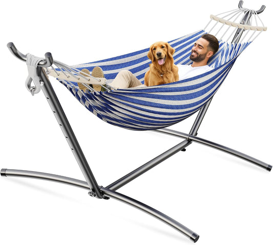 Double Hammock, Heavy Duty Portable, 500 lb Weight Capacity, Perfect for Both Indoors and Outdoors, 2 Person Hammock with Carrying Bag, Blue White