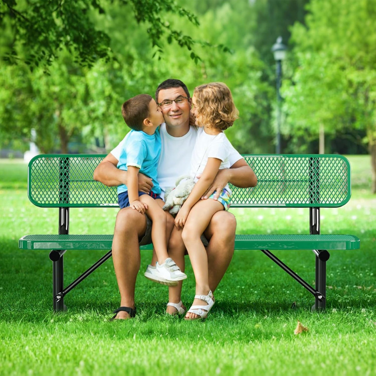 Heavy Duty Park Bench for Outside, Metal Park Bench with Back Portable Frame, Outdoor Steel Mesh Garden Bench with Backrest for Garden, Lawn, Patio, Porch, Park, Yard (Green, 6FT/73INCH)