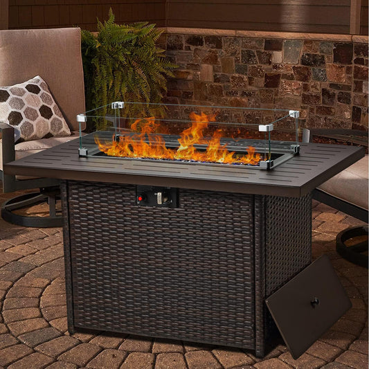 LayinSun 44" Propane Gas Fire Pit Table, 55000 BTU Rectangular Fire Pit with Glass Wind Guard for Outside Patio Deck Garden Backyard Brown-Aluminum Top