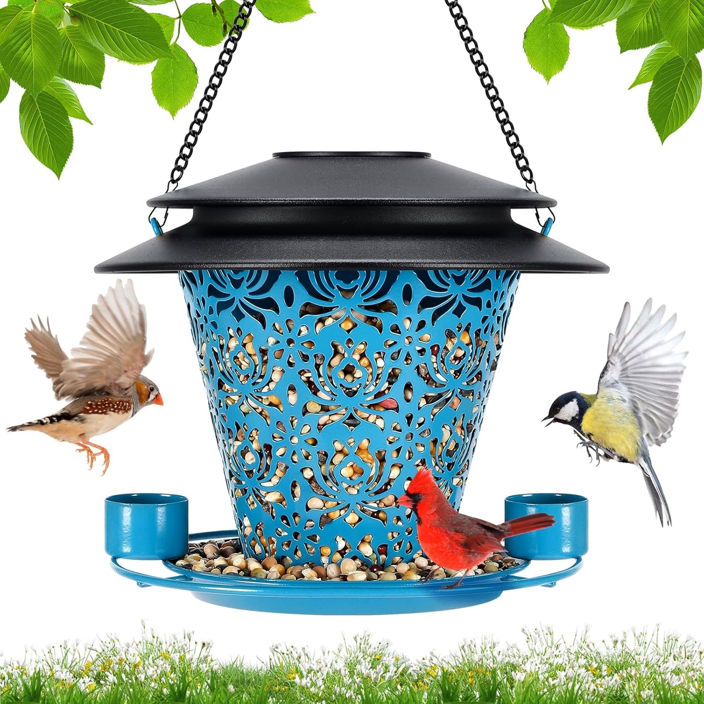 Solar Bird Feeders for Outside Hanging Metal Wild Bird Feeder Solar Lanterns Outdoor Waterproof Garden Decor for Yard Blue