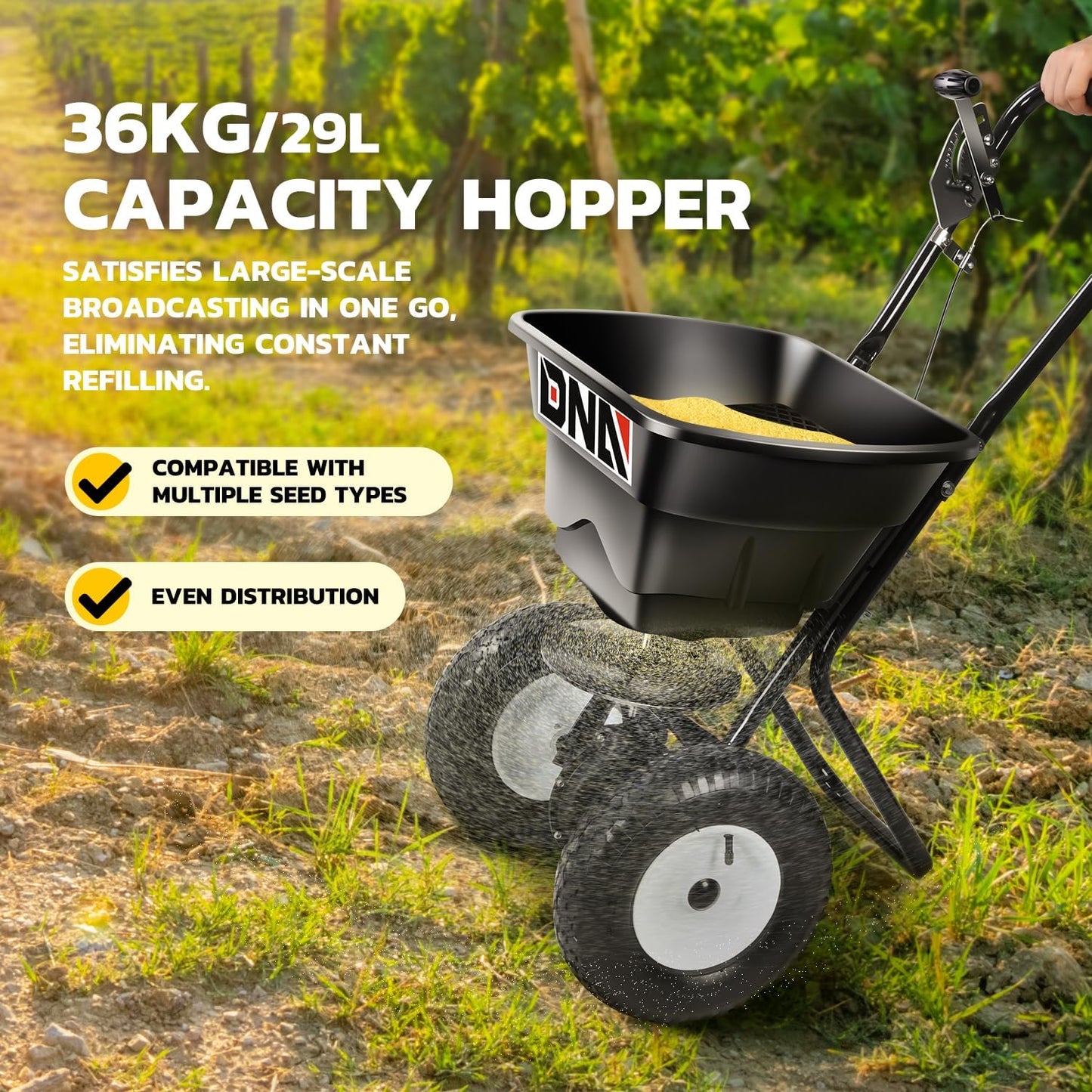 DNA MOTORING 80lb Walk-Behind Broadcast Spreader 36KG/29L Capacity, Garden Seeder with Wheels, for Residential Farm Seeding, TOOLS-00469