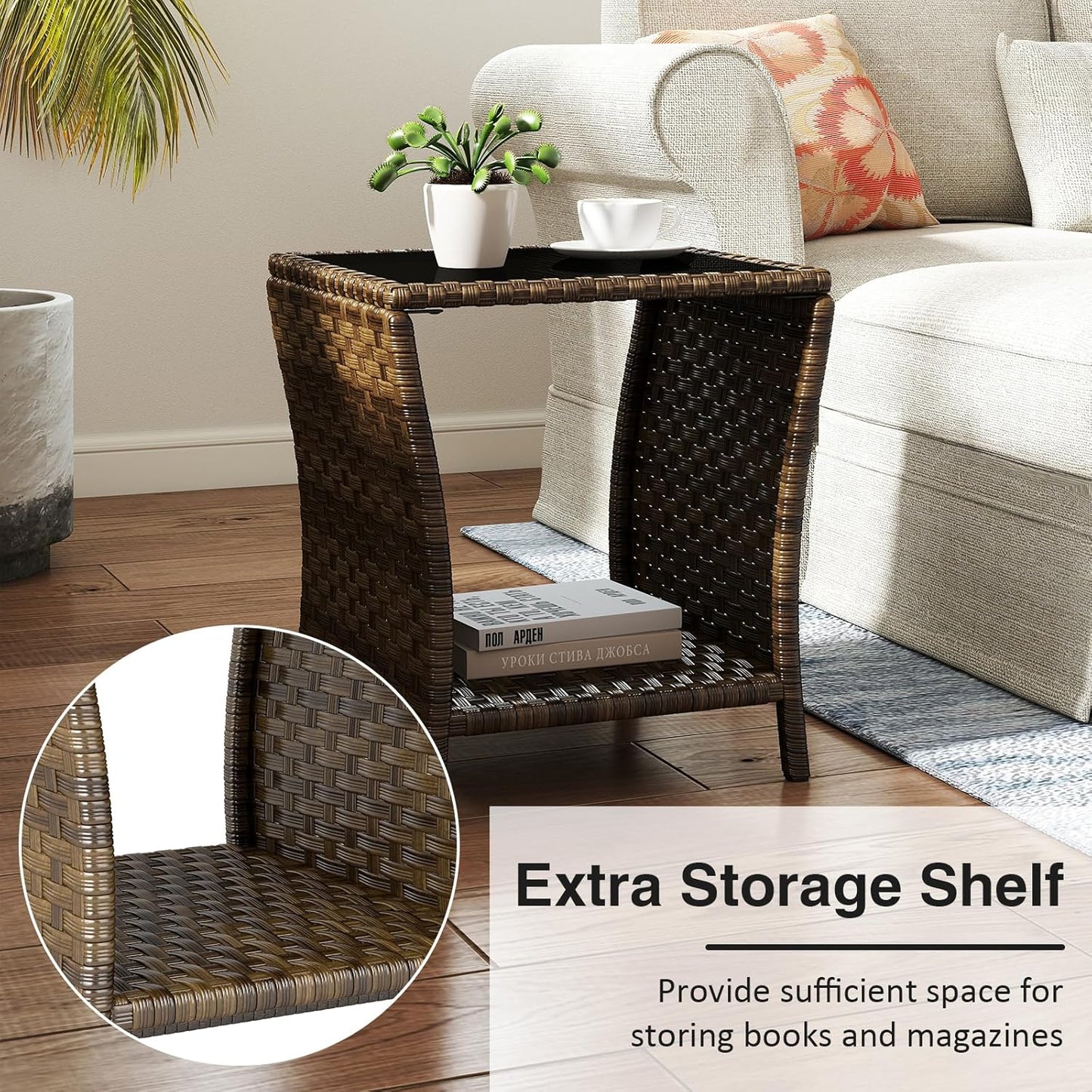 Outdoor Small Patio Table - PE Rattan Coffee Table, Wicker Side Table for Patio, Balcony & Porch, Durable & Iron Frame (1, Mixed Dark Brown)