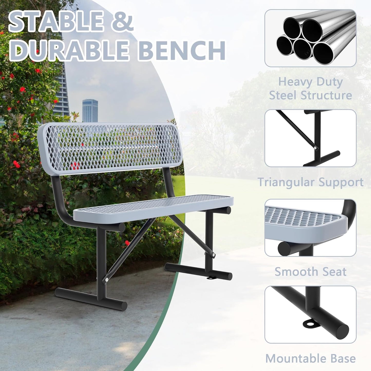 4FT Benches for Outside, Heavy-Duty Outdoor Garden Bench W/Back, Metal Park Bench for Sitting Area, Commercial Bench for Patio Porch Backyard School Sports Church Locker Room Shopping Centers