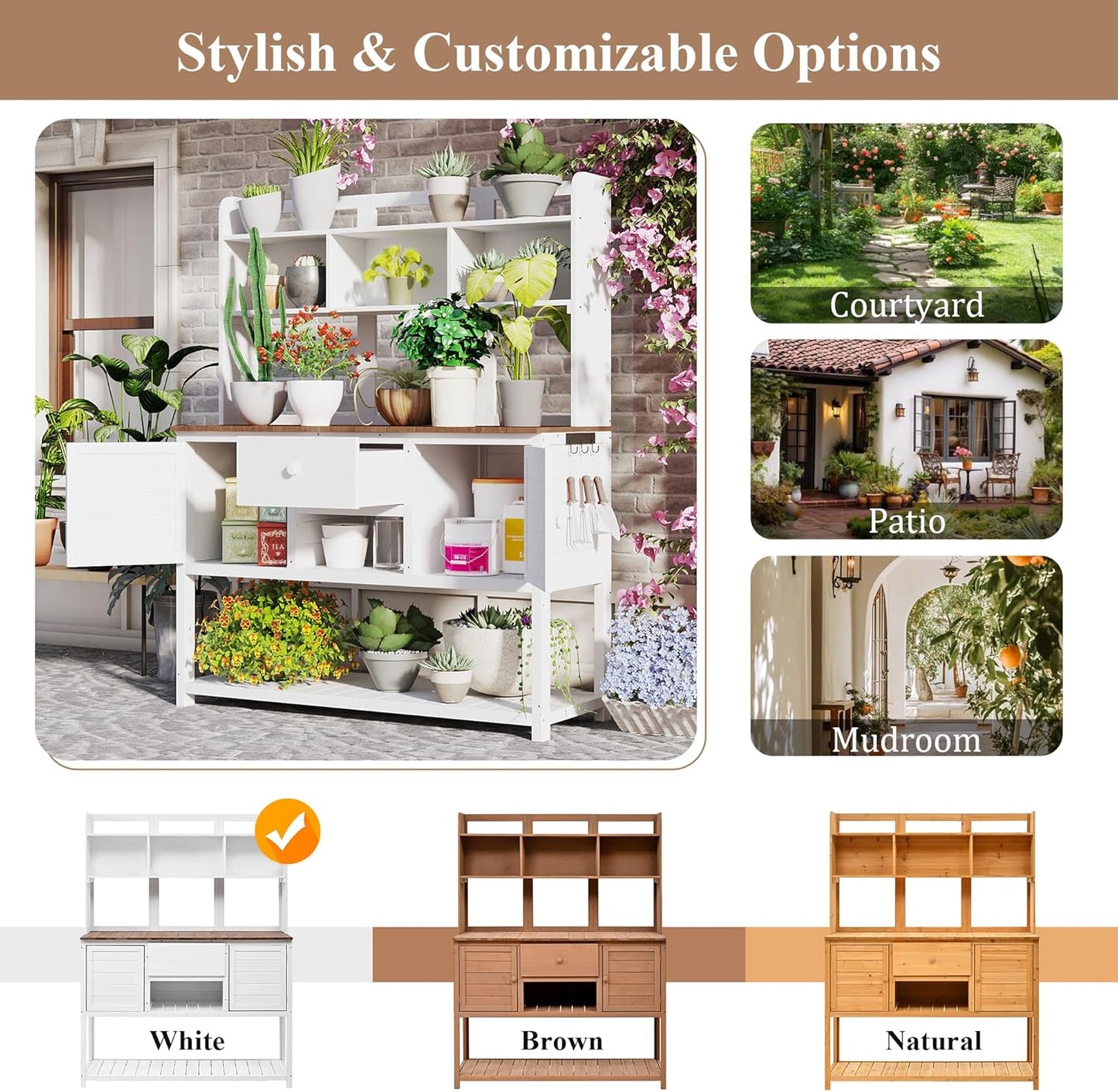 Outdoor Potting Bench-Fir Wood Garden Work Table with Hutch &Storage-Rustic Planting Station for Backyard, 50.2"x19.7" x66.1" (Natural) (White + Wood + Country Style)