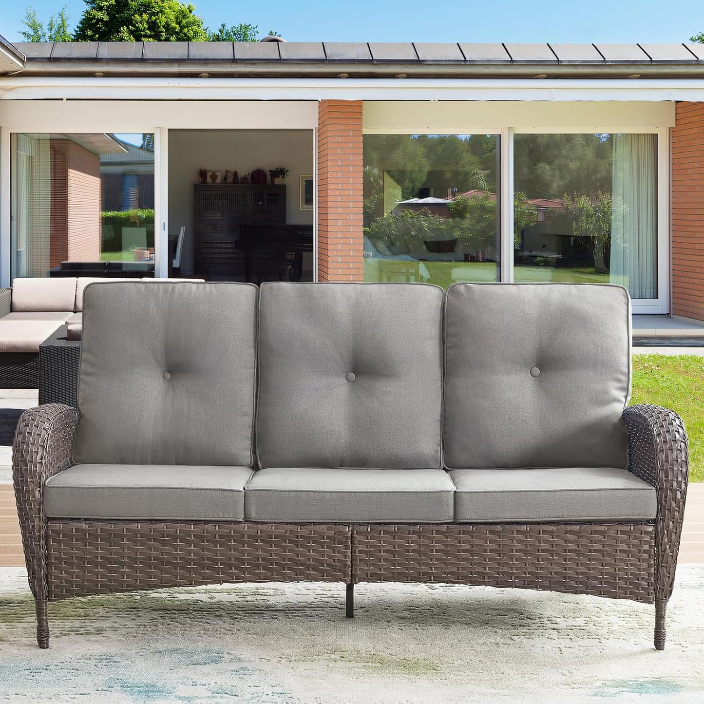 HUMMUH Outdoor Patio Couch-Outdoor Rattan Couch with Thick Cushions Outdoor Sofa for Deck Lawn Porch Balcony Poolside-Brown/Grey